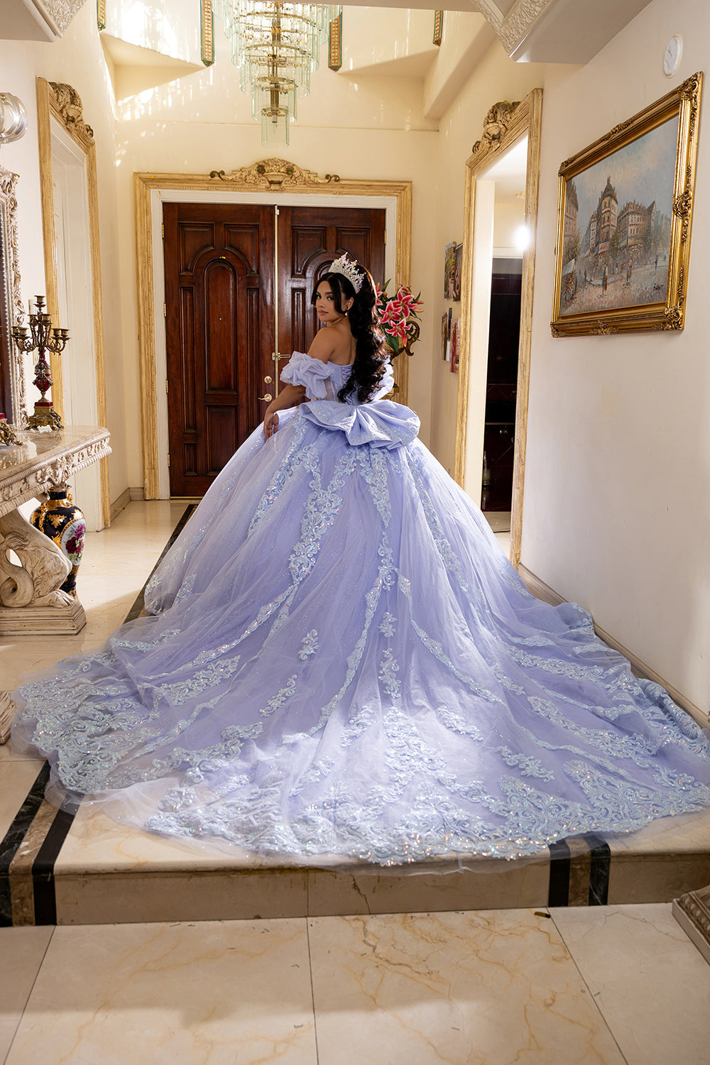 Quinceañera Ball Gown with Beaded Corset Bodice Lace Appliqués & Cathedral Train by Layla K LK290