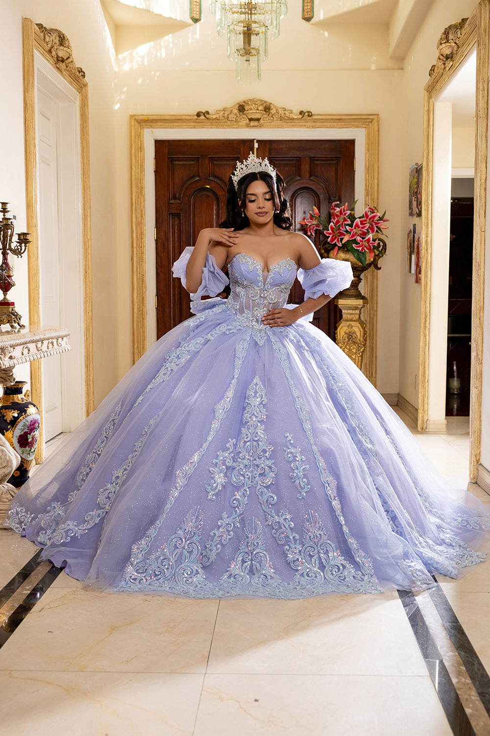 Quinceañera Ball Gown with Beaded Corset Bodice Lace Appliqués & Cathedral Train by Layla K LK290