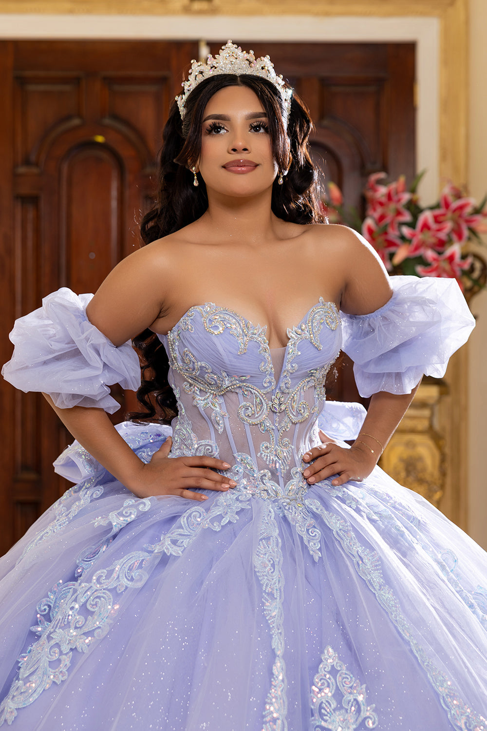 Quinceañera Ball Gown with Beaded Corset Bodice Lace Appliqués & Cathedral Train by Layla K LK290