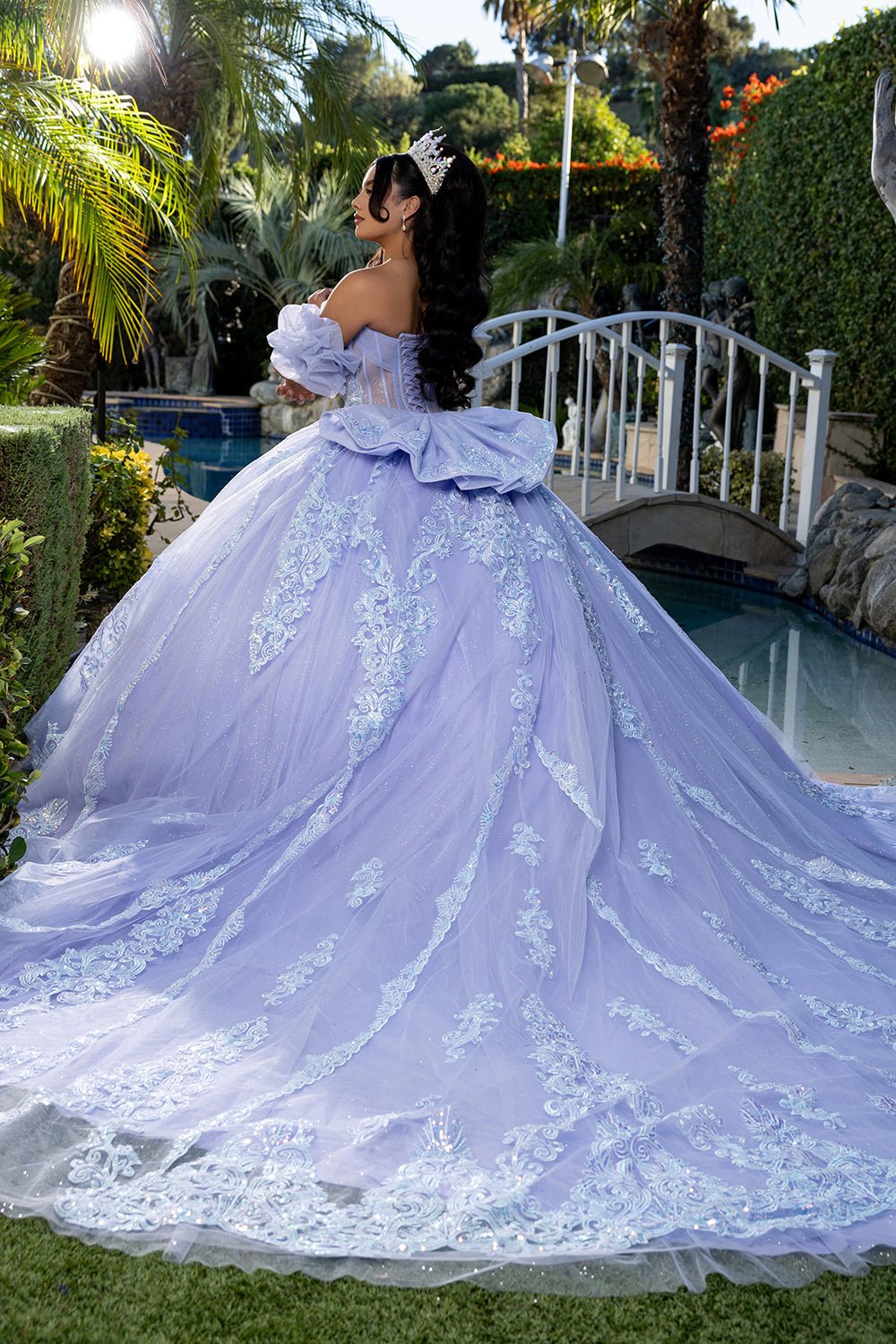 Quinceañera Ball Gown with Beaded Corset Bodice Lace Appliqués & Cathedral Train by Layla K LK290