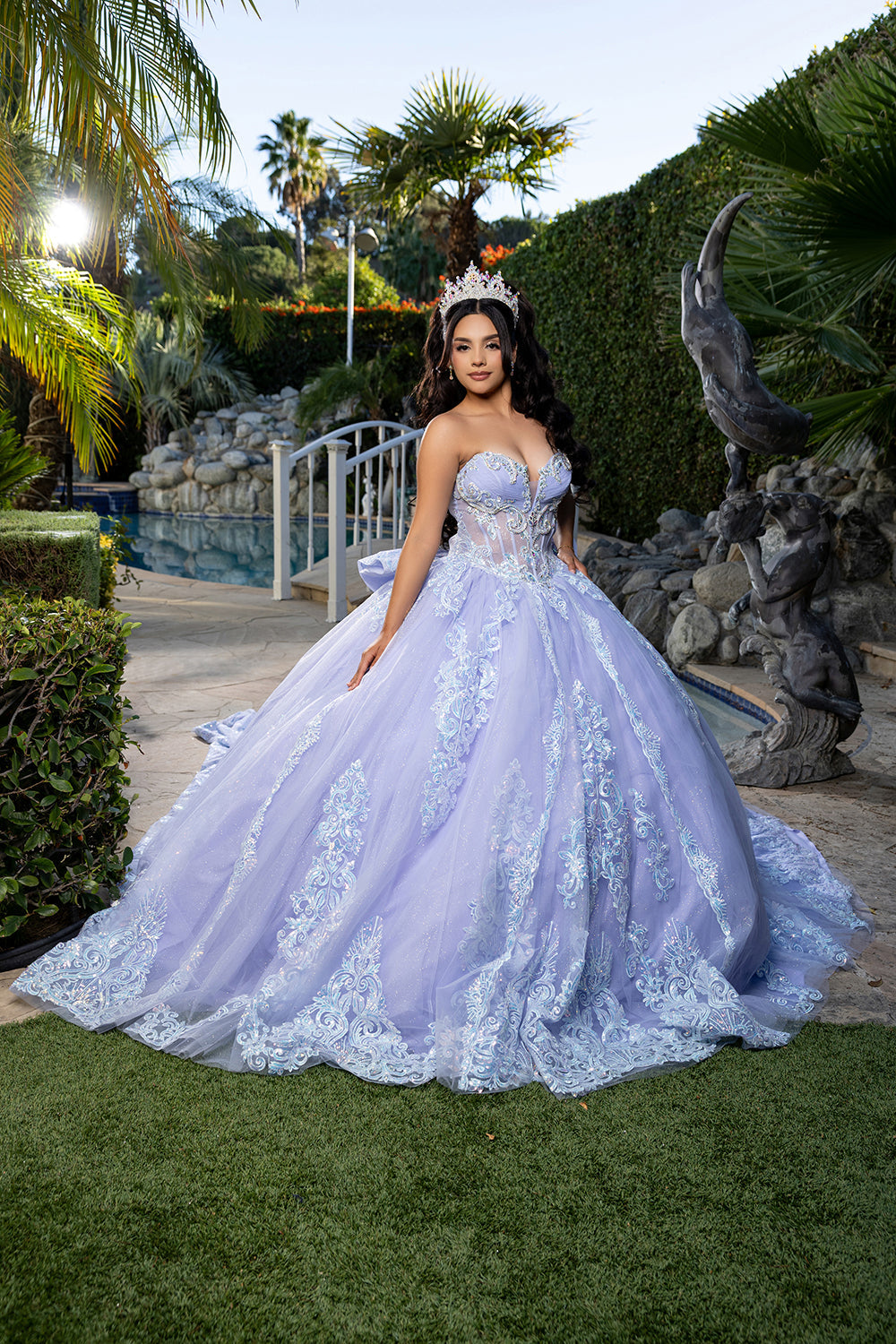 Quinceañera Ball Gown with Beaded Corset Bodice Lace Appliqués & Cathedral Train by Layla K LK290