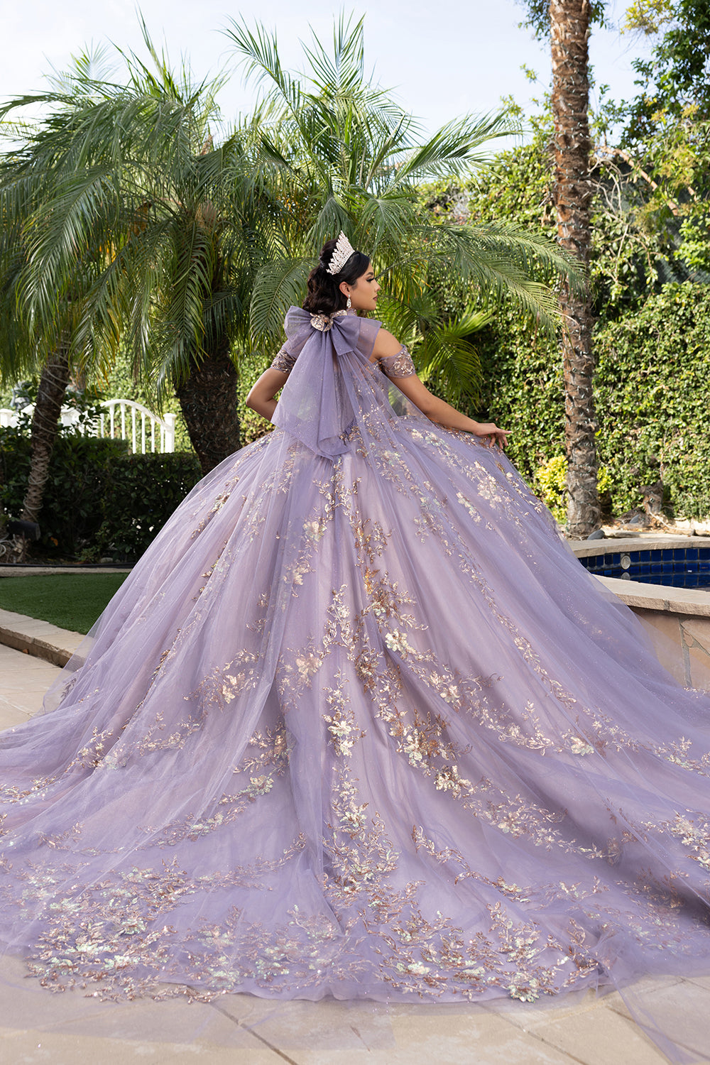 Quinceañera Ball Gown Off Shoulder Glitter Tulle Dress with 3D Floral Appliqués Long Train by Layla K LK292