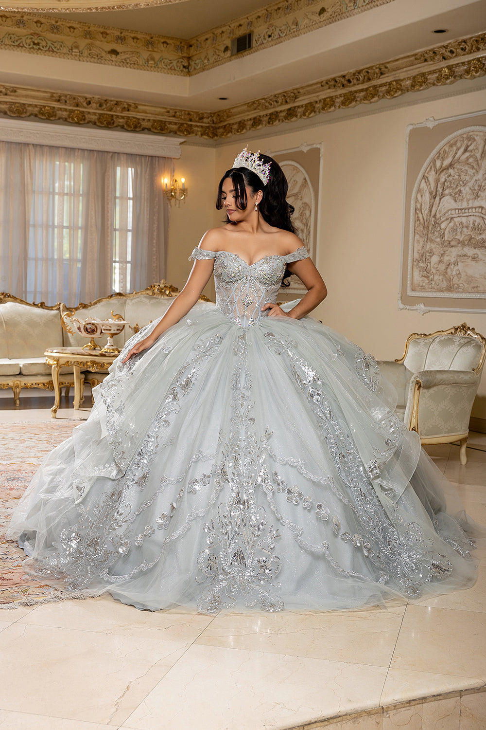 Off-Shoulder Quinceañera Ball Gown with Beaded Corset Long Train & Back Bow By Layla K LK293