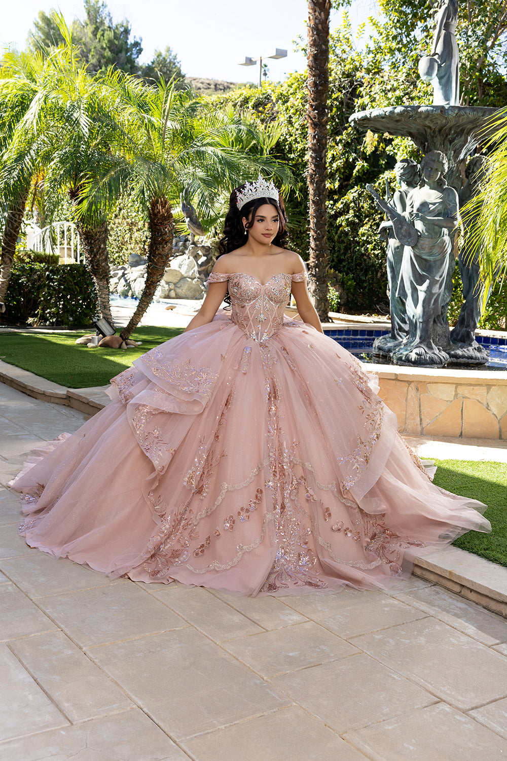 Off-Shoulder Quinceañera Ball Gown with Beaded Corset Long Train & Back Bow By Layla K LK293