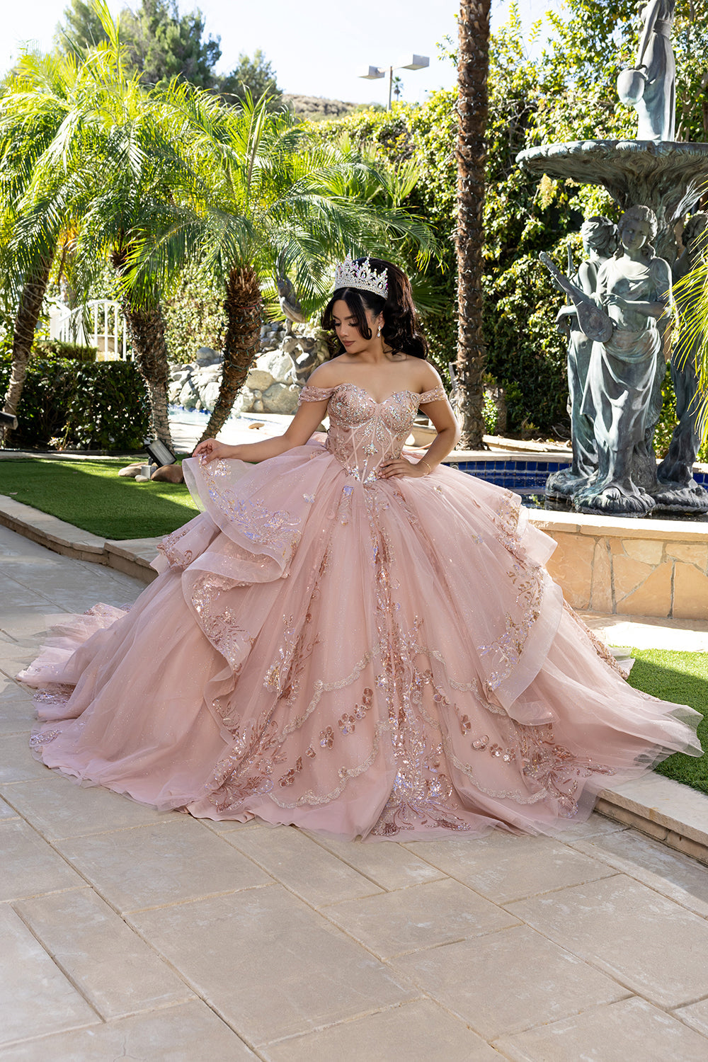 Off-Shoulder Quinceañera Ball Gown with Beaded Corset Long Train & Back Bow By Layla K LK293