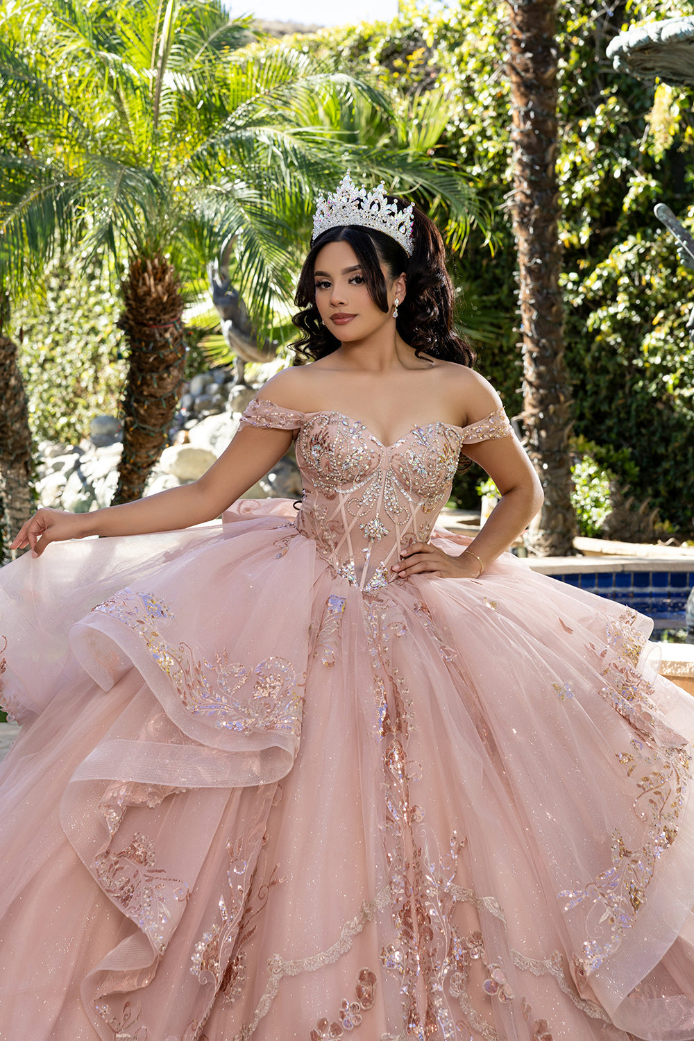 Off-Shoulder Quinceañera Ball Gown with Beaded Corset Long Train & Back Bow By Layla K LK293