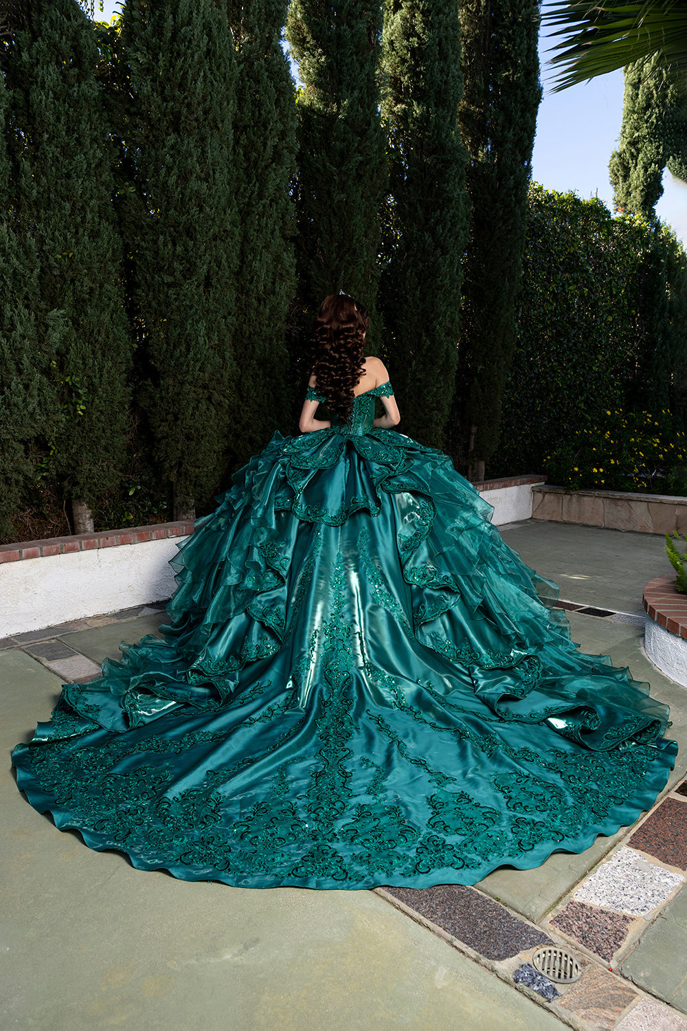 Off-Shoulder Beaded Corset Tiered Ruffle Ball Gown with Detachable Collar by Layla K LK300