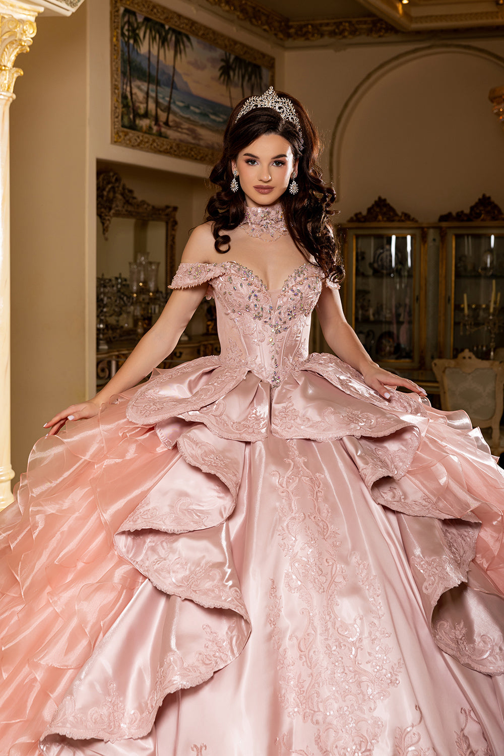 Off-Shoulder Beaded Corset Tiered Ruffle Ball Gown with Detachable Collar by Layla K LK300
