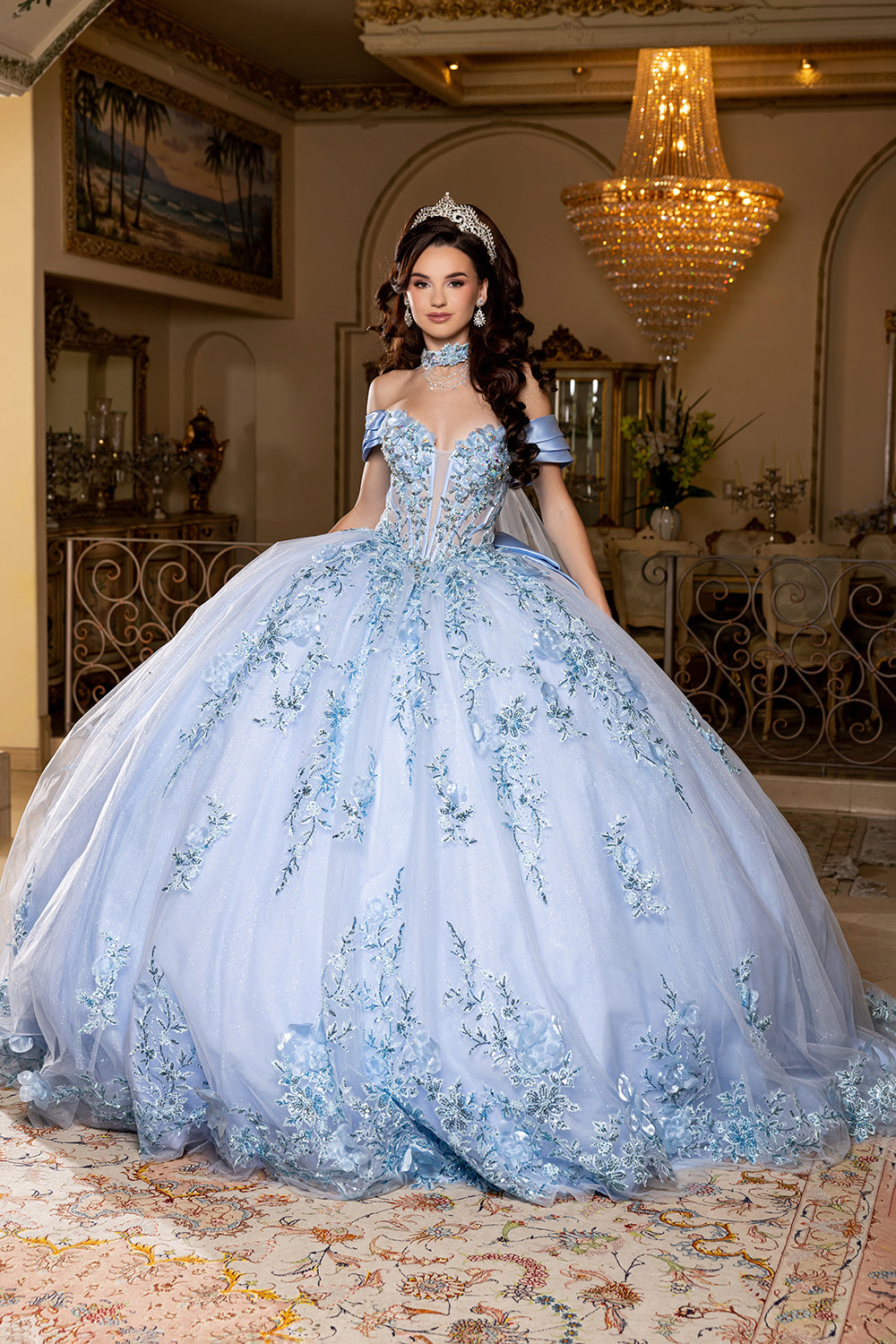 Off-Shoulder Plunging Sweetheart 3D Floral Illusion Corset Quinceañera Dress by Layla K LK305