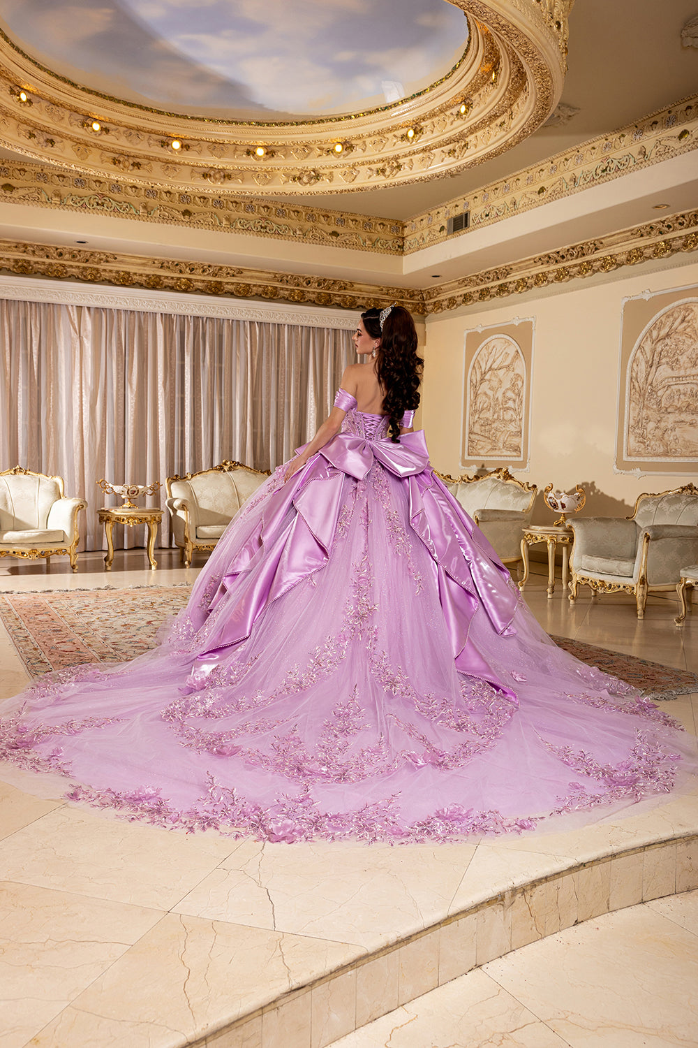 Off-Shoulder Plunging Sweetheart 3D Floral Illusion Corset Quinceañera Dress by Layla K LK305