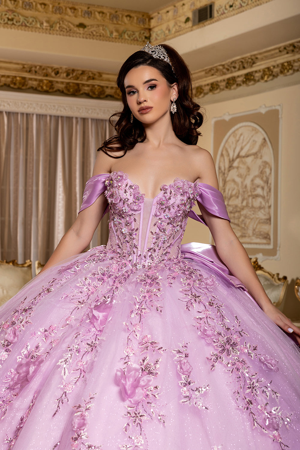 Off-Shoulder Plunging Sweetheart 3D Floral Illusion Corset Quinceañera Dress by Layla K LK305