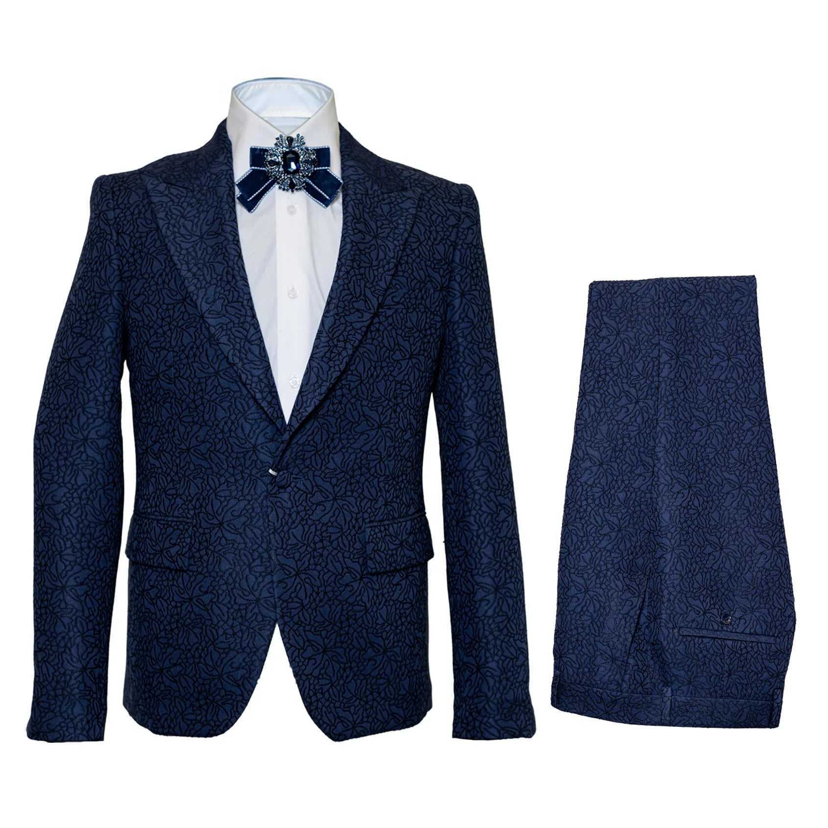 Rossiman Men’s Navy Blue Seersucker Suit – Peak Lapel Suit with Tone-on-Tone Shadow Stripe