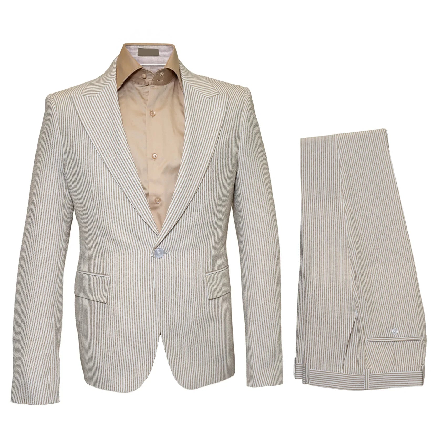 Beige Seersucker Peak Lapel Suit by Rossiman