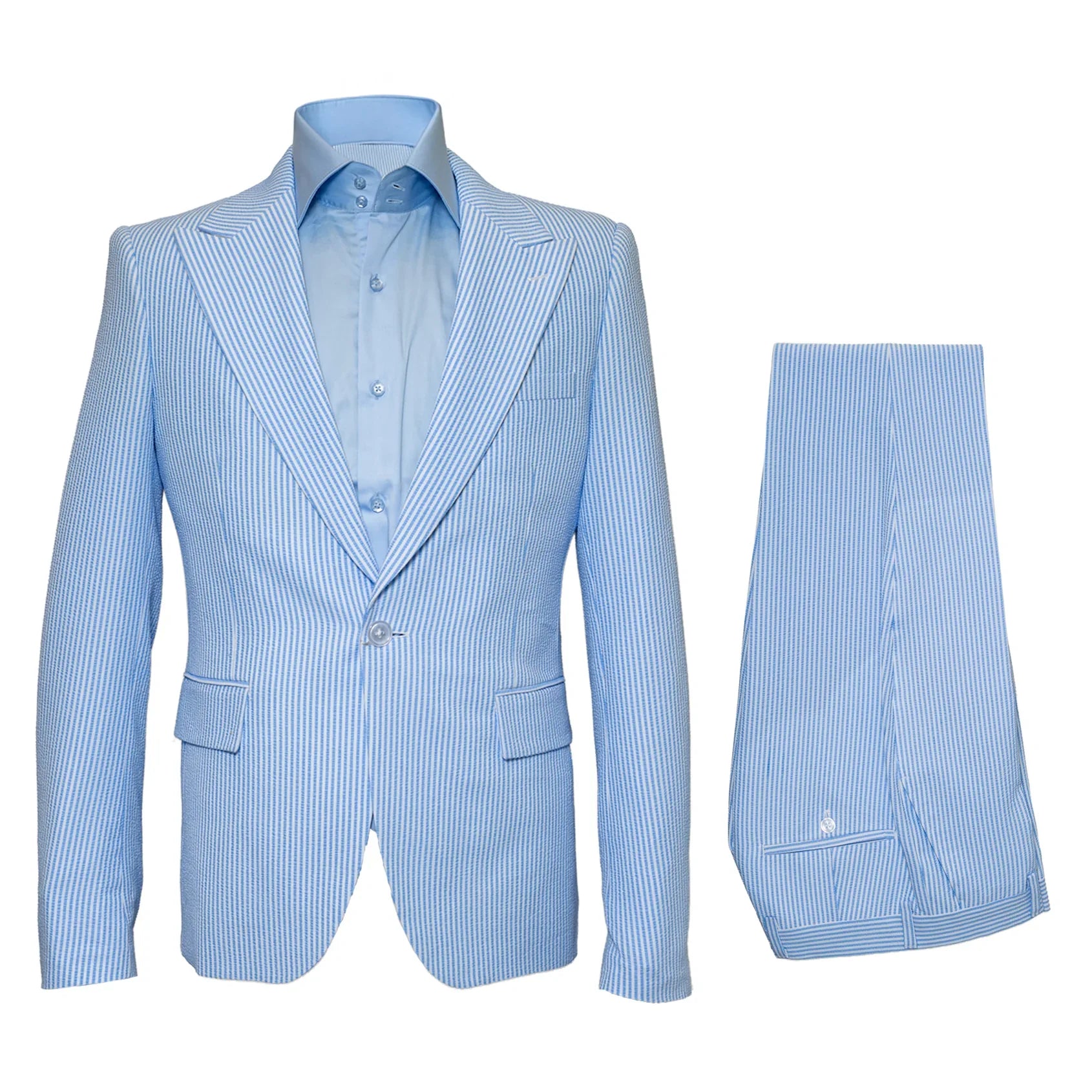 Rossiman Blue Seersucker Peak Lapel Suit