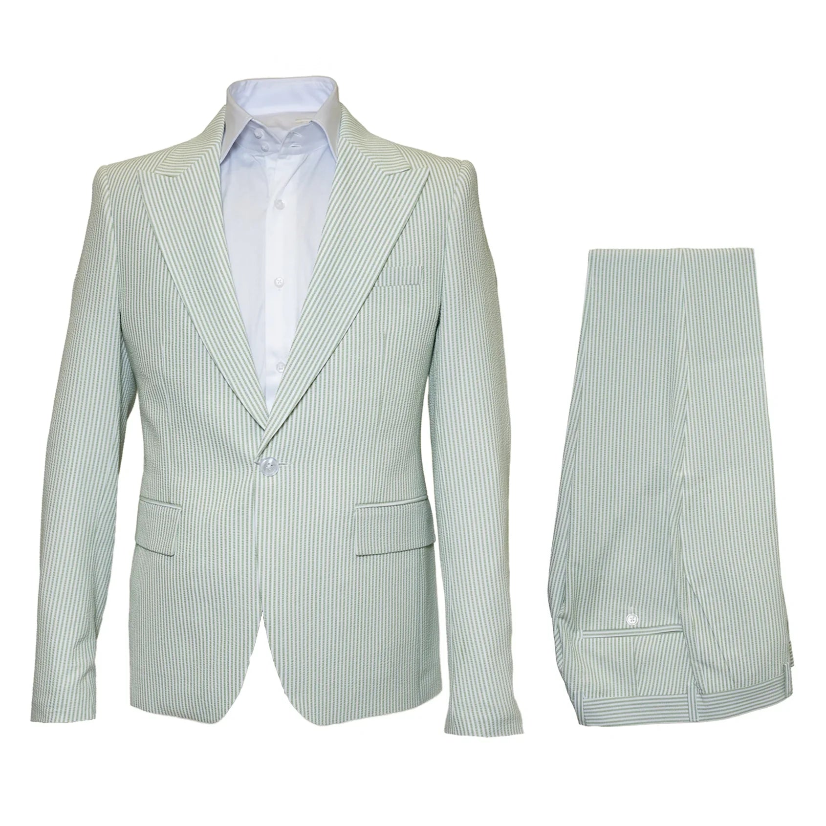Light Green Seersucker Peak Lapel Suit by Rossiman