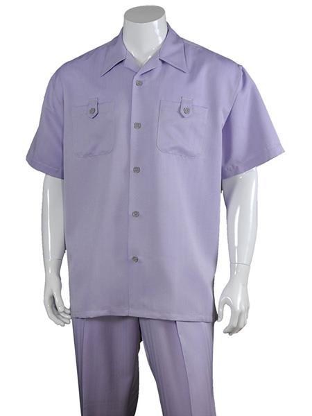 Men's 5 Button Casual 100% Polyester Lavender Short Sleeve Solid Casual Two Piece Walking Outfit For Sale Pant Sets Suits