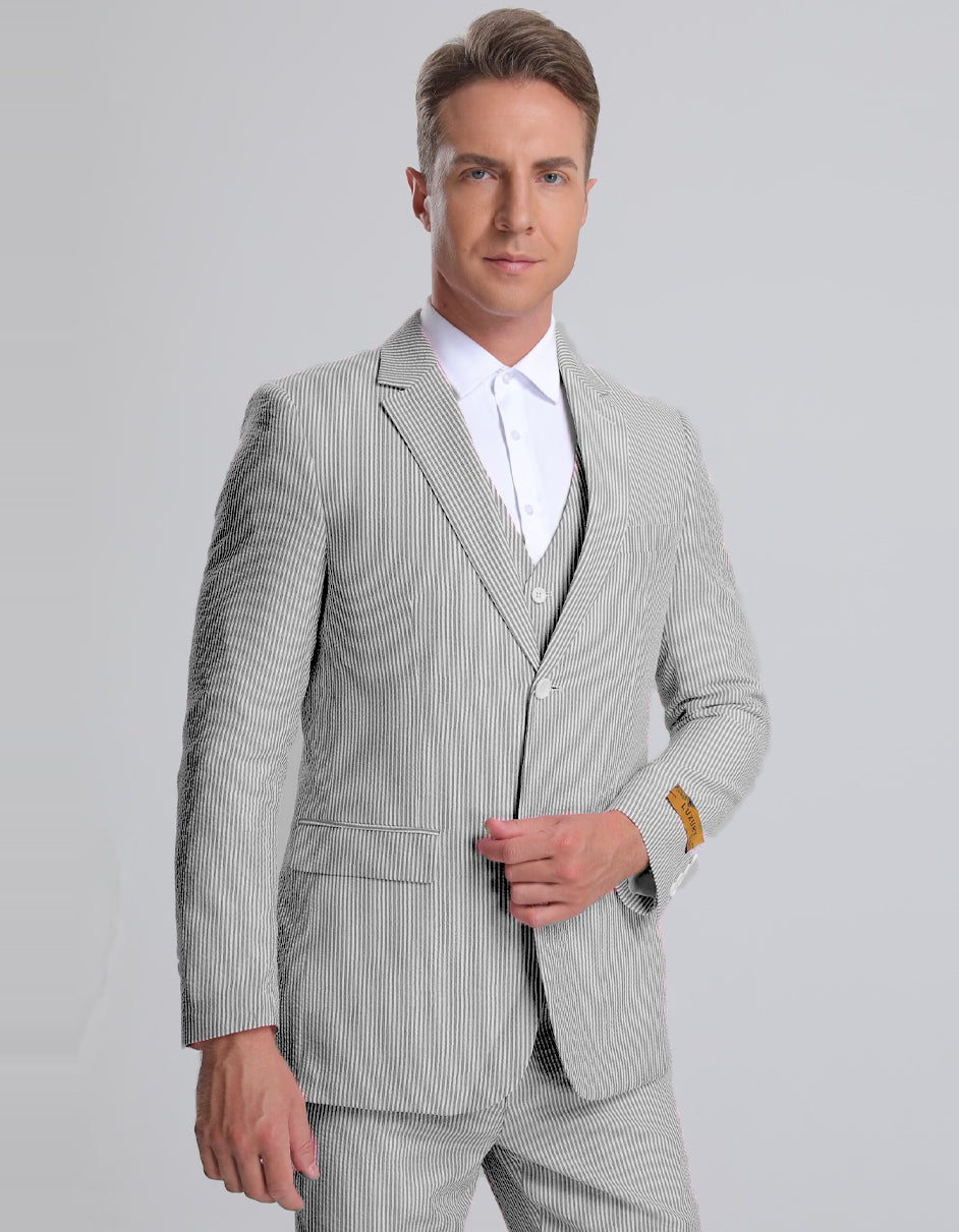 Vested Black Pinstripe Seersucker Suit for Men