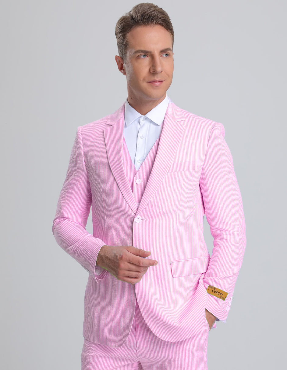 Men’s Pink Pinstripe Summer Seersucker Suit & Vest