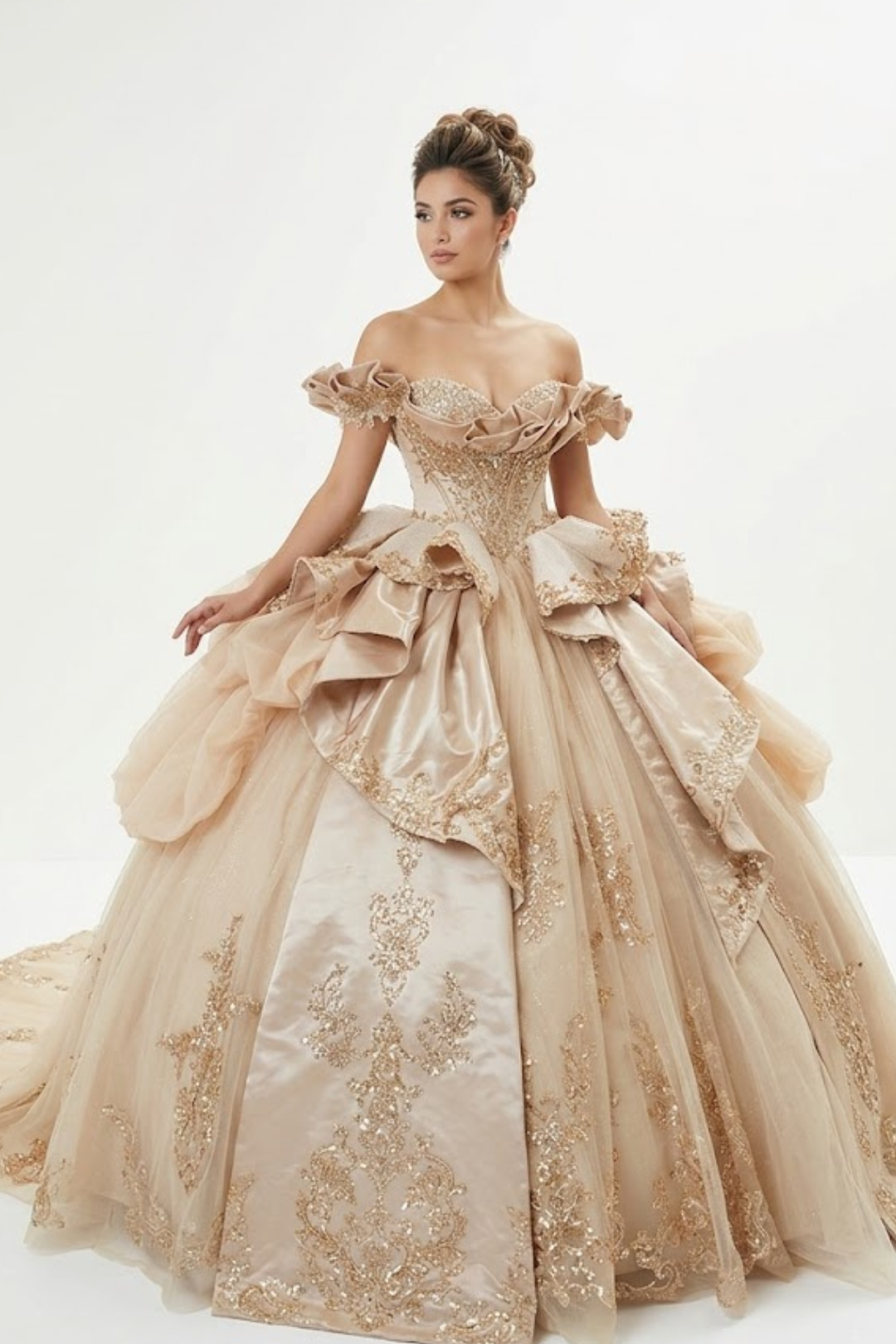 Off-Shoulder Crystal Beaded Corset Organza Ruffle Ball Gown Quinceañera Dress by Layla K LK307