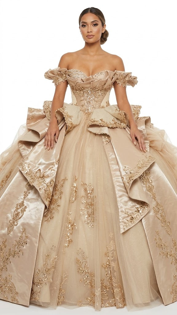 Off-Shoulder Crystal Beaded Corset Organza Ruffle Ball Gown Quinceañera Dress by Layla K LK307