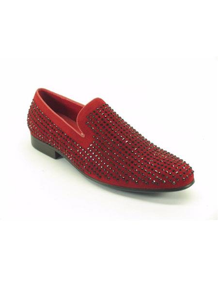 Men's Carrucci Fashionable Suede Studs Leather Lined Red Dress Shoes Slip on - Stylish Dress Loafer Red And Tint Of Black - Red Men's Prom Shoe