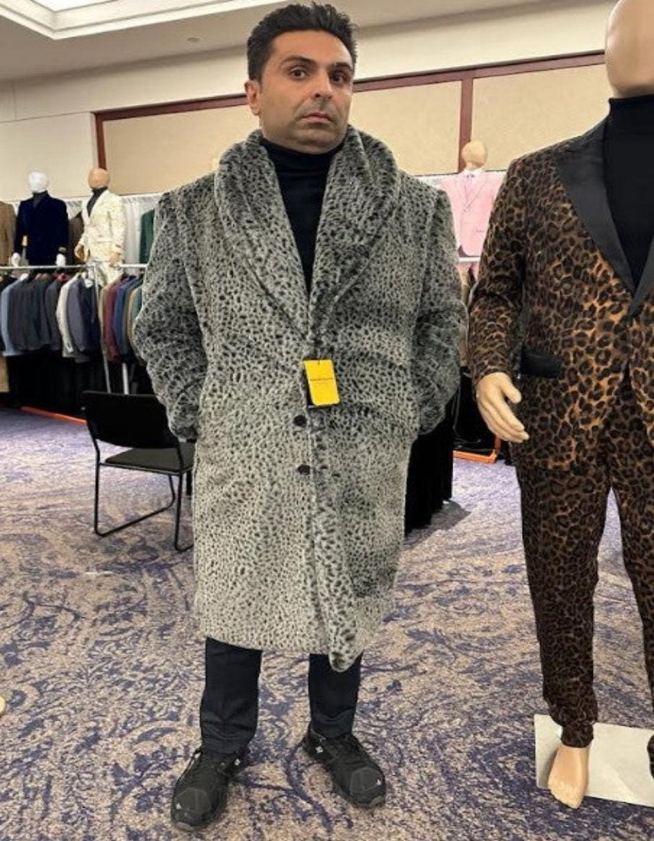 Full Length Gray Leopard Faux Fur Coat