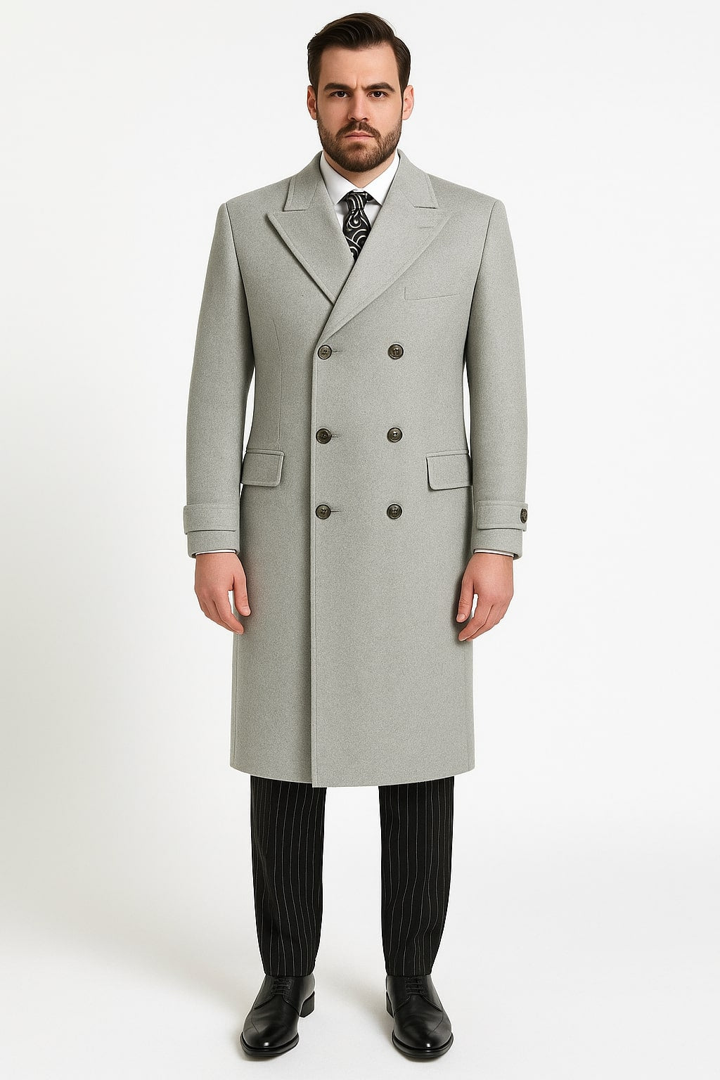Men's Gray Double-Breasted Wool Overcoat