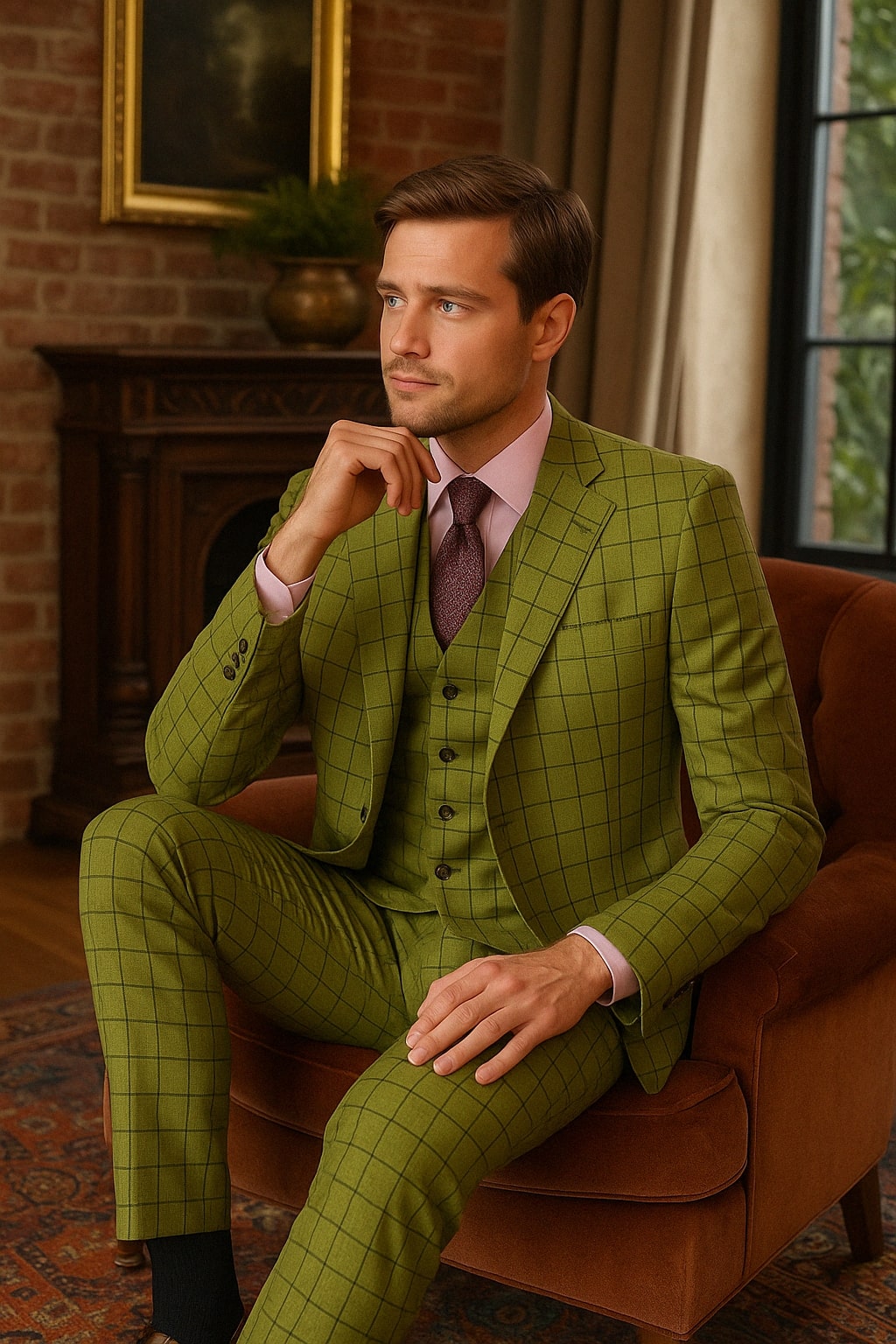 Men's Olive Green Three-Piece Plaid Suit