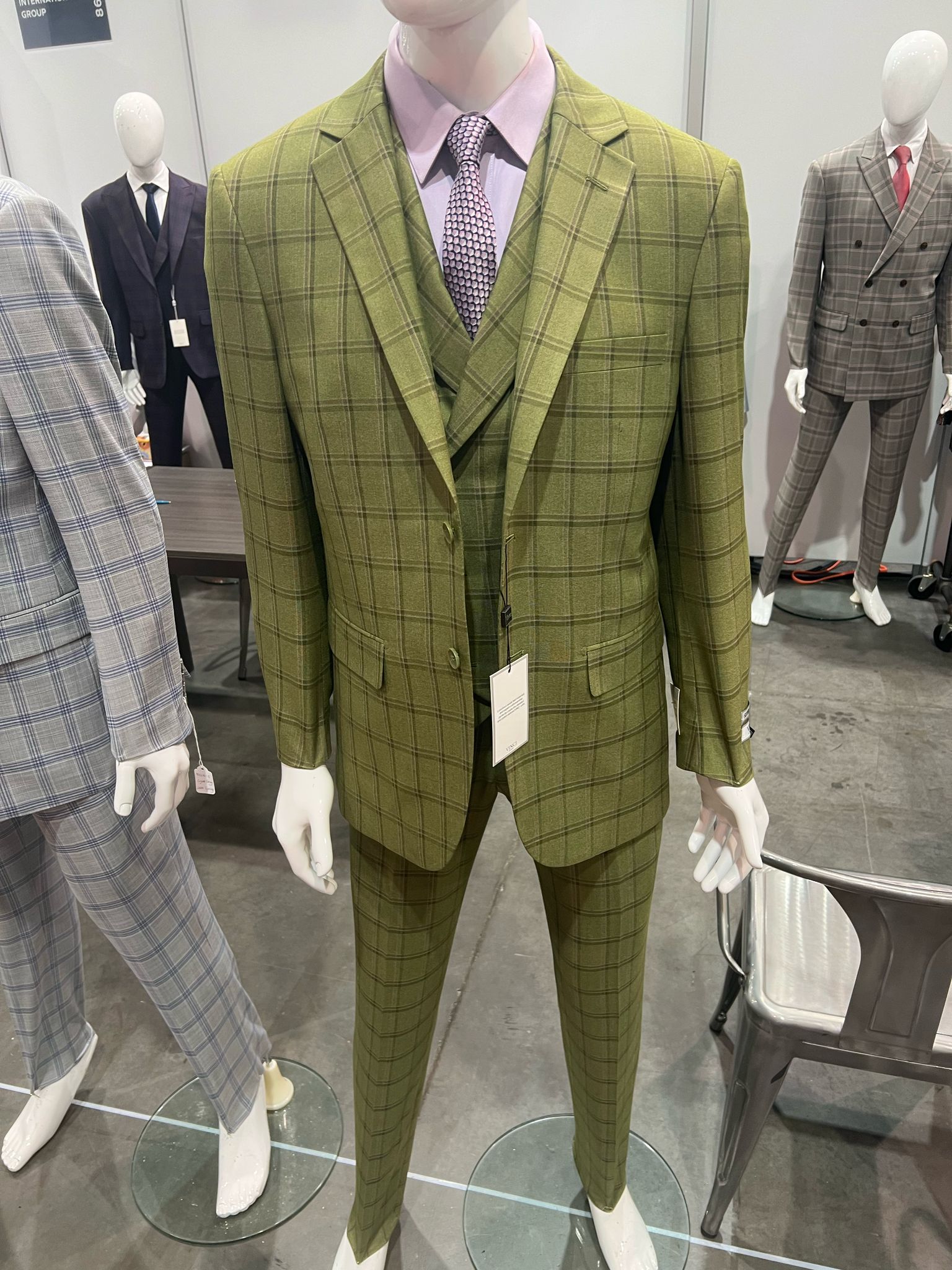 Men's Olive Green Three-Piece Plaid Suit