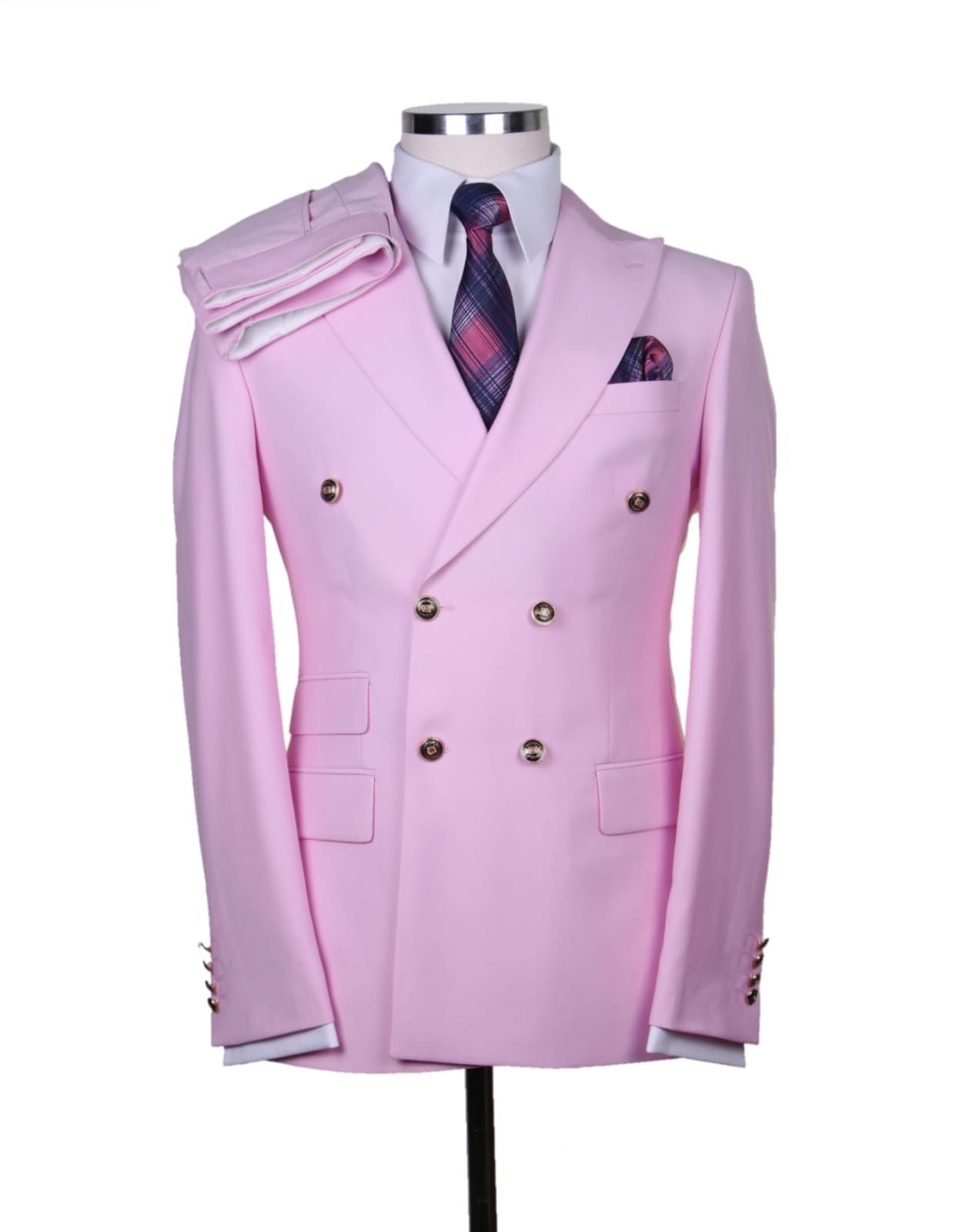 Light Pink Double-Breasted Slim Suit with Gold Buttons