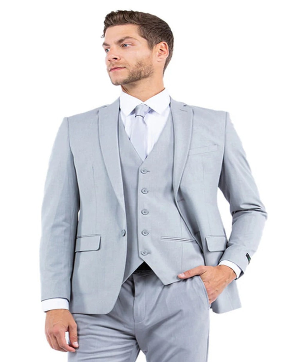Slim Fit Light Grey Suit with Vest