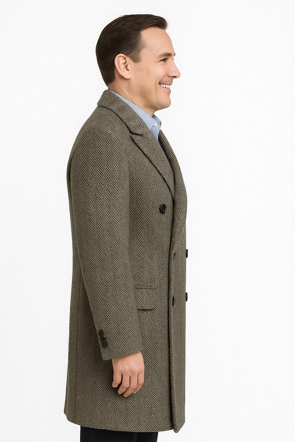 Classic Double-Breasted Herringbone Wool Overcoat