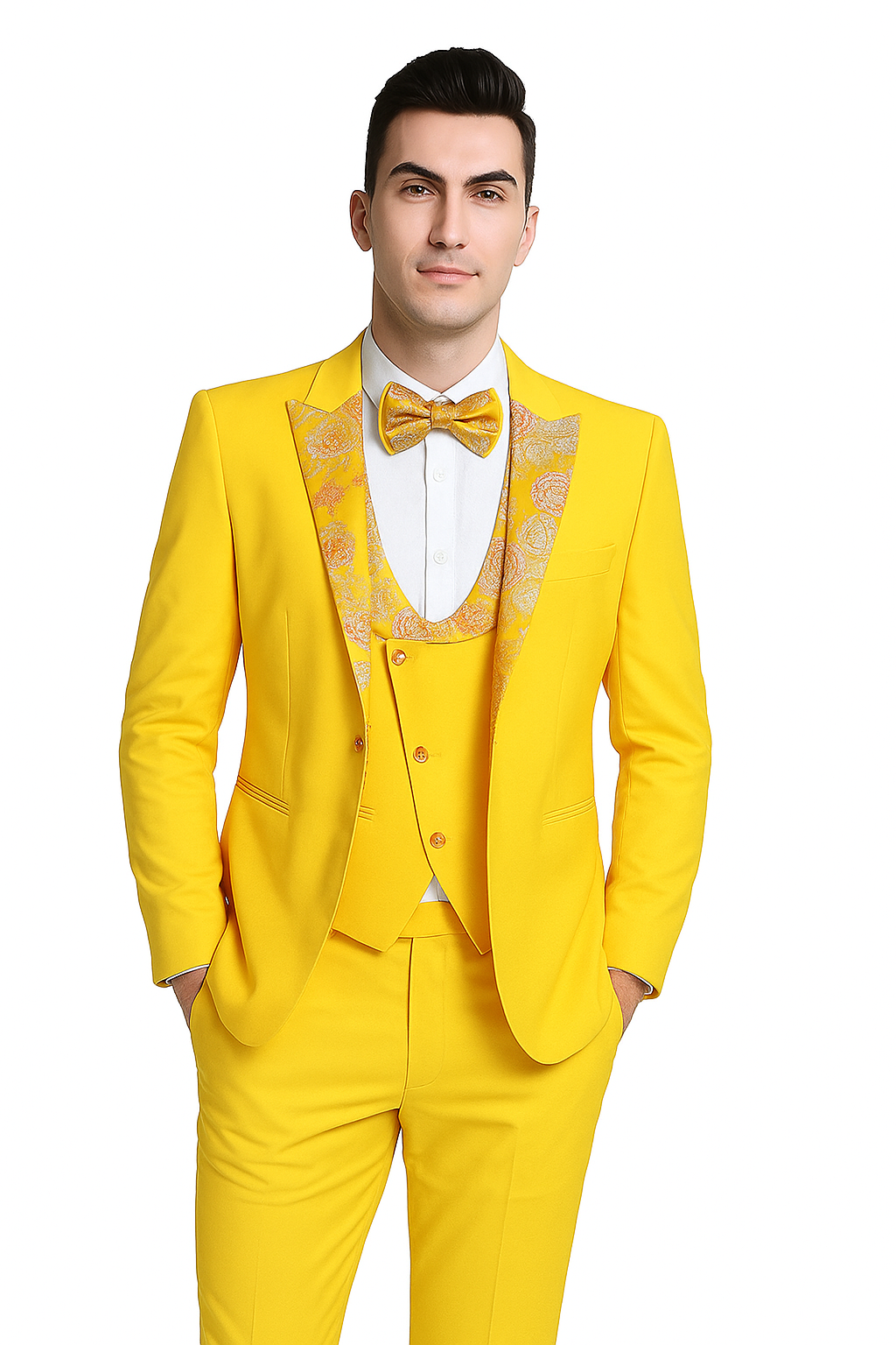 Radiant Golden Bloom 3-Piece Floral Lapel Suit