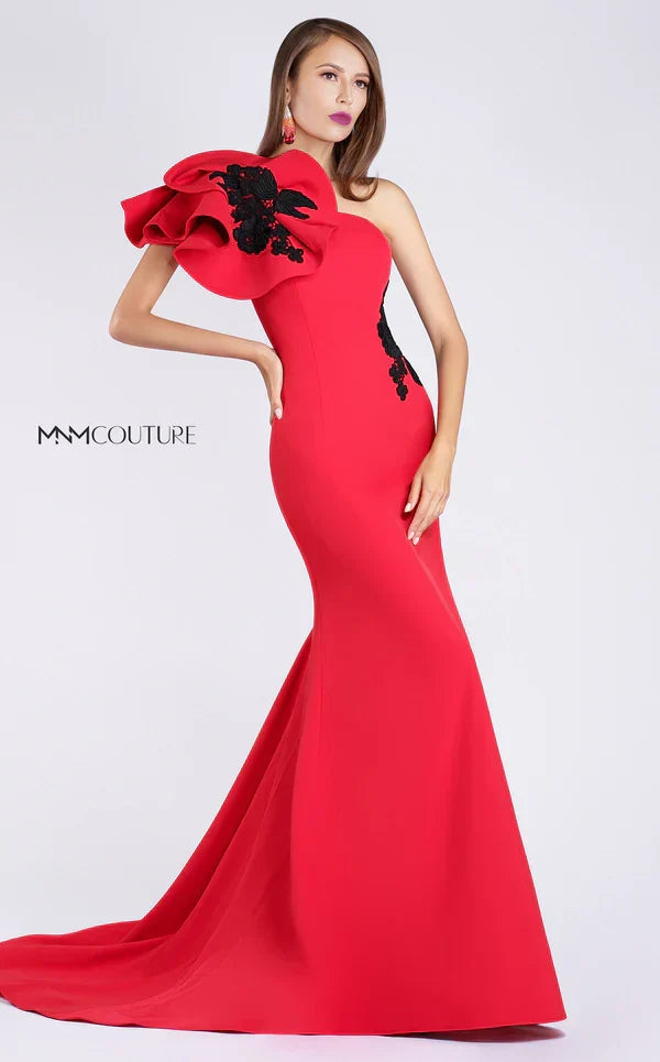 MNM Couture M0042 Green One-Shoulder Open Back Gown