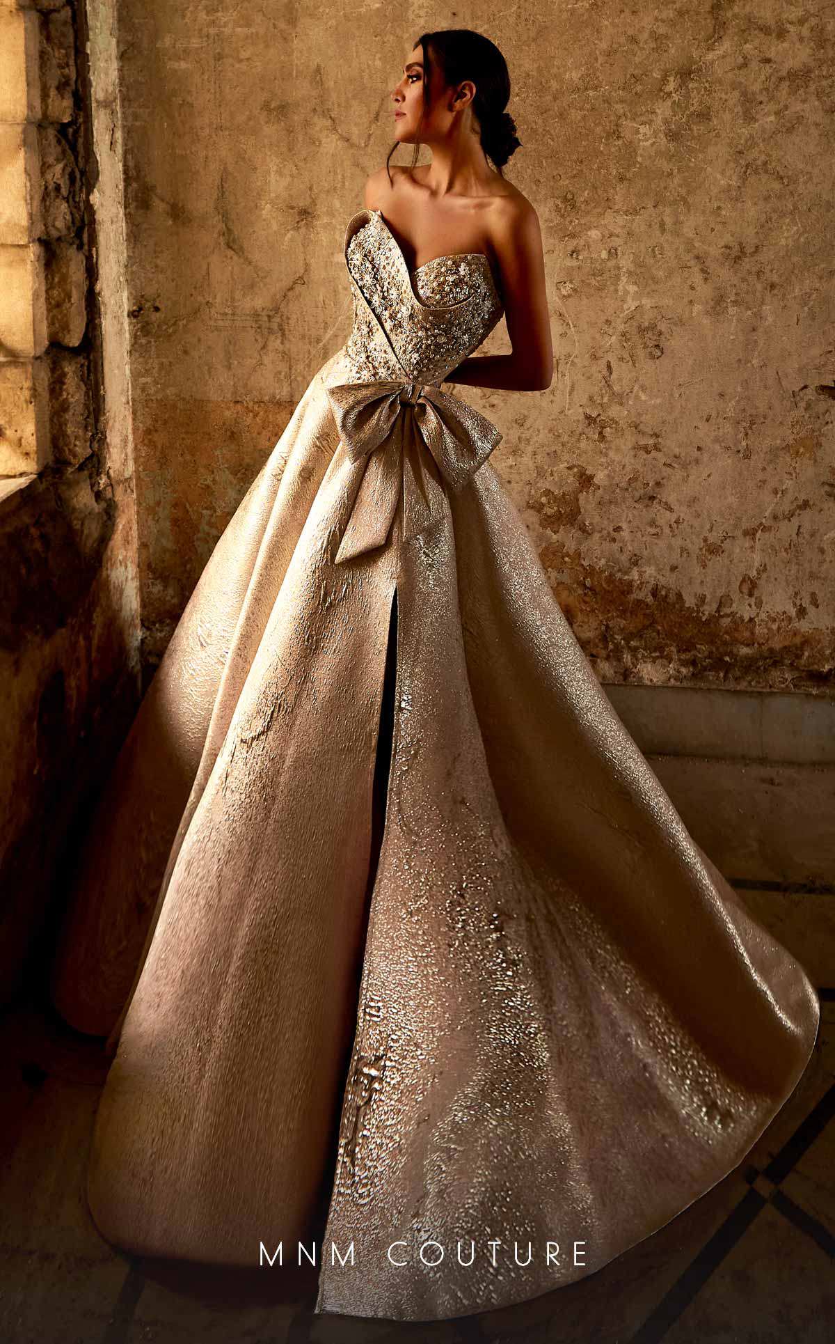 Strapless Blush Brocade Gown with Side Slit by MNM Couture