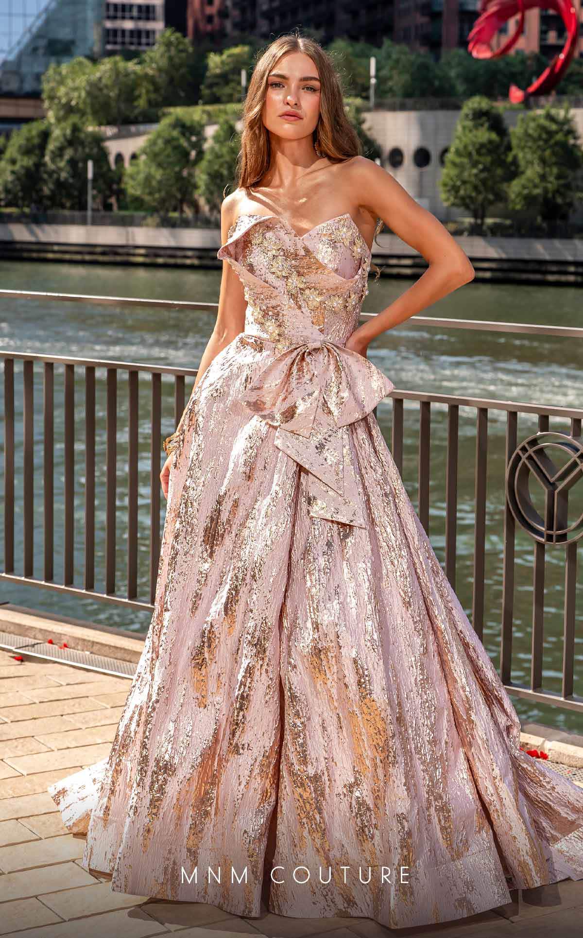 Strapless Blush Brocade Gown with Side Slit by MNM Couture