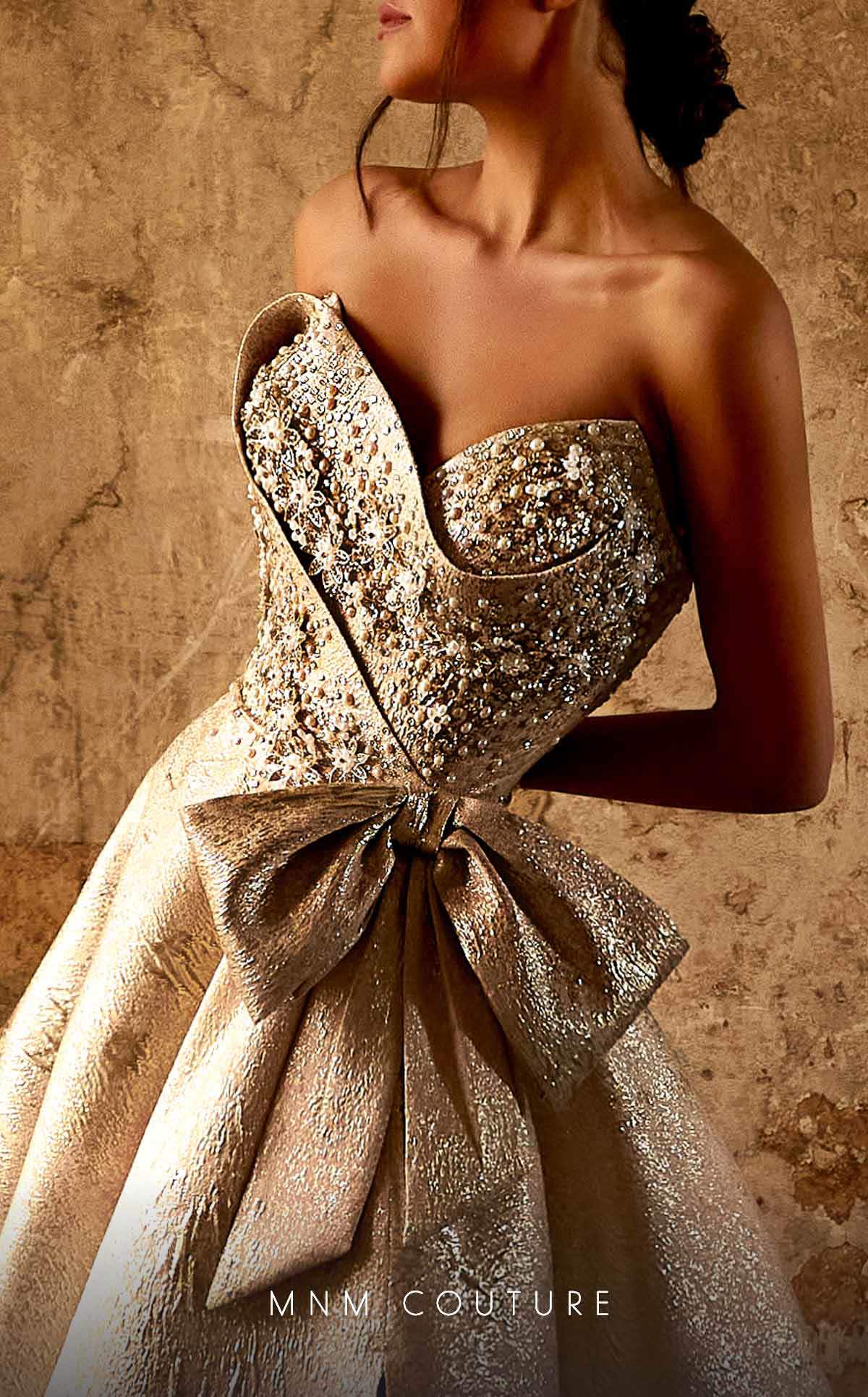 Strapless Blush Brocade Gown with Side Slit by MNM Couture