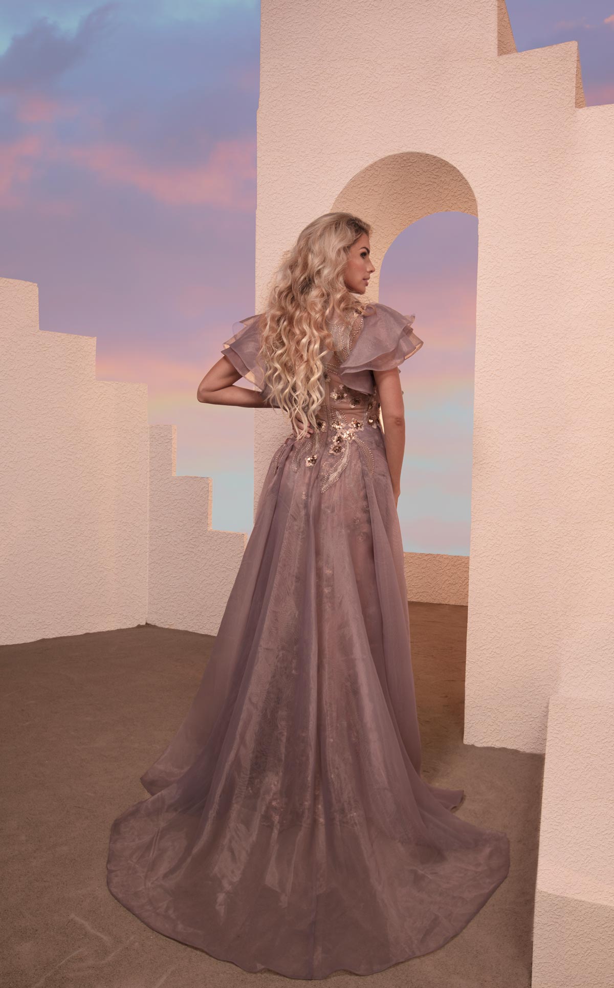 MNM Couture M0101 Grey Ruffled Sleeve Embellished Evening Gown