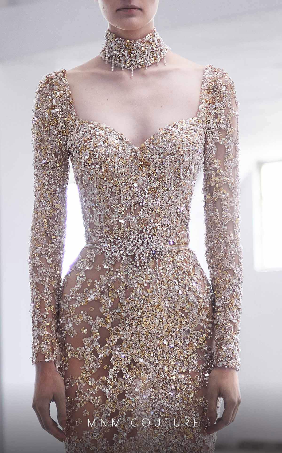 MNM Couture M1017 Embroidered Gold Tulle Evening Gown