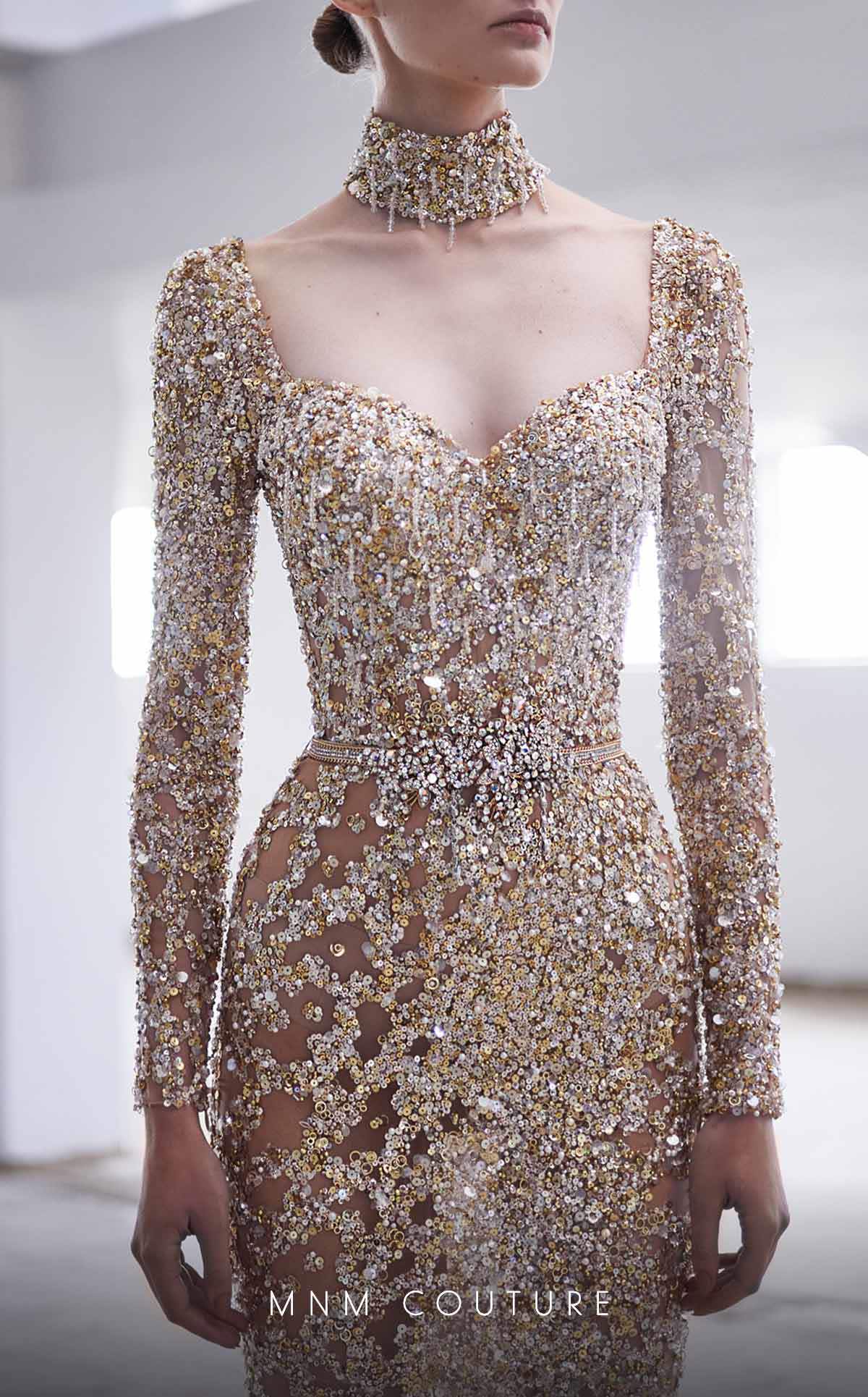 MNM Couture M1017 Embroidered Gold Tulle Evening Gown