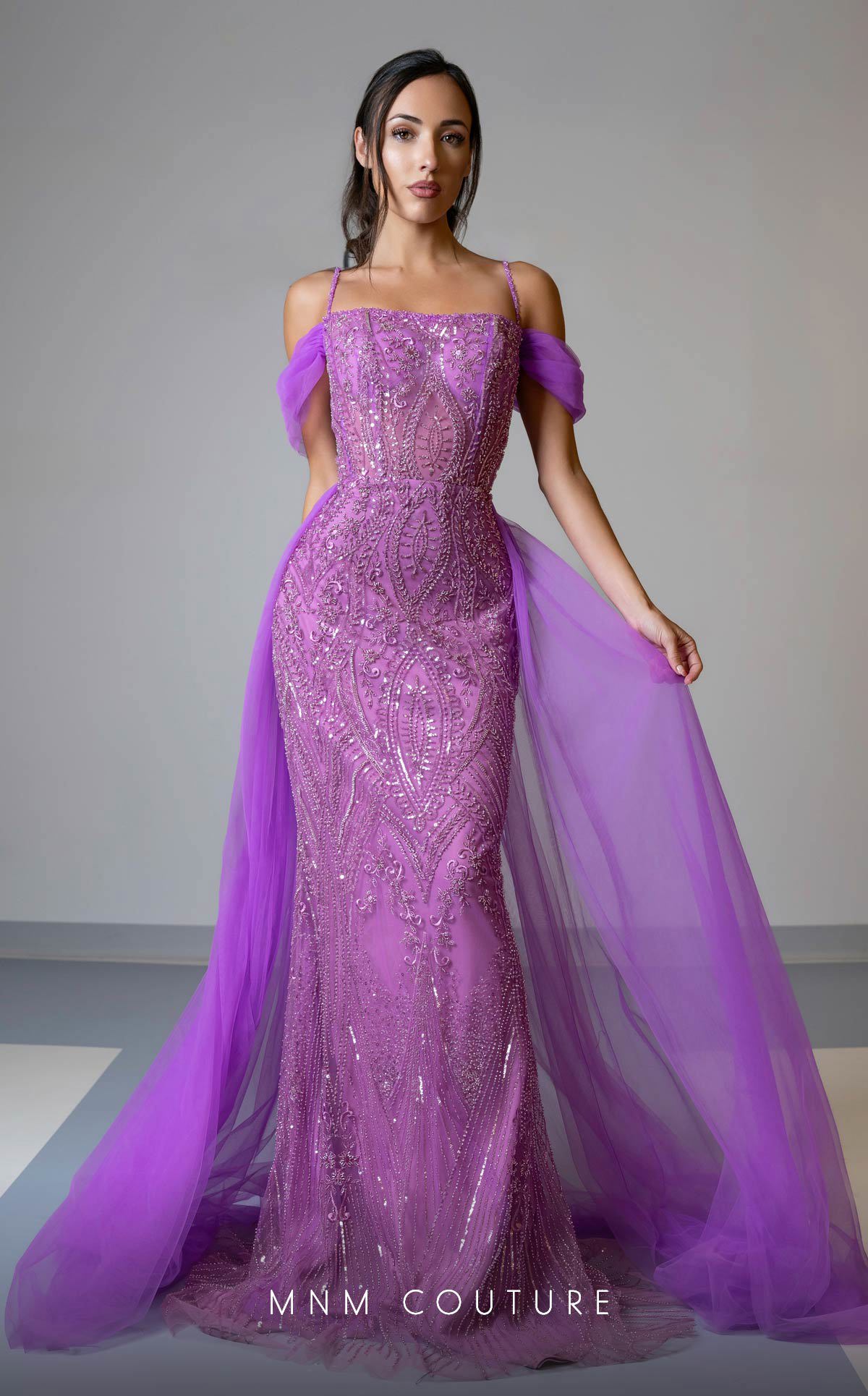 MNM Couture M1047 Embroidered Purple Tulle Gown with Off-Shoulder Sleeves