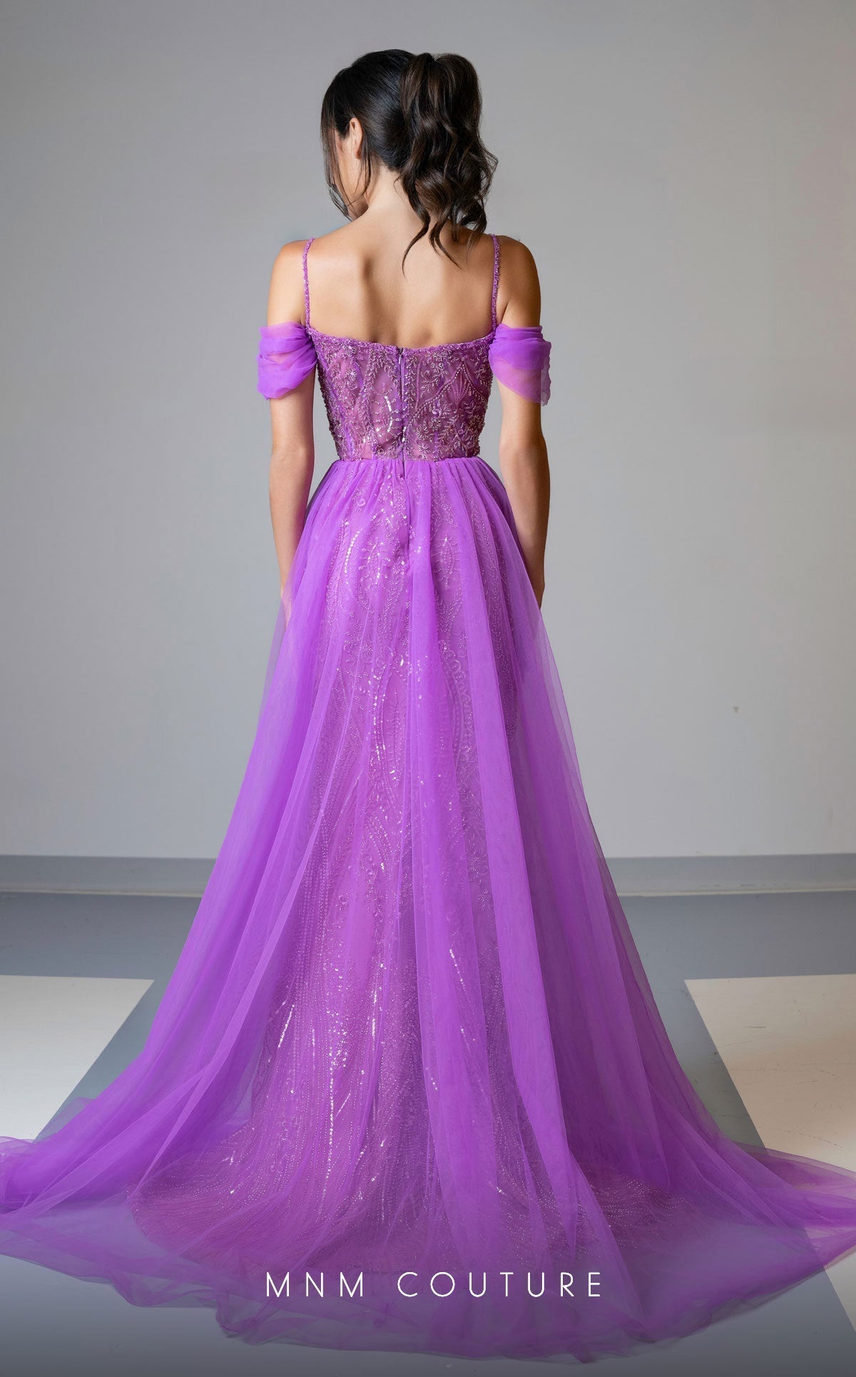 MNM Couture M1047 Embroidered Purple Tulle Gown with Off-Shoulder Sleeves
