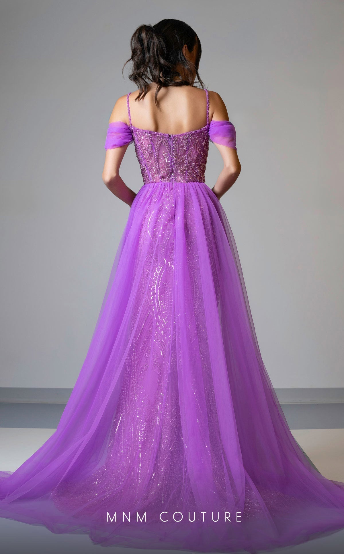 MNM Couture M1047 Embroidered Purple Tulle Gown with Off-Shoulder Sleeves