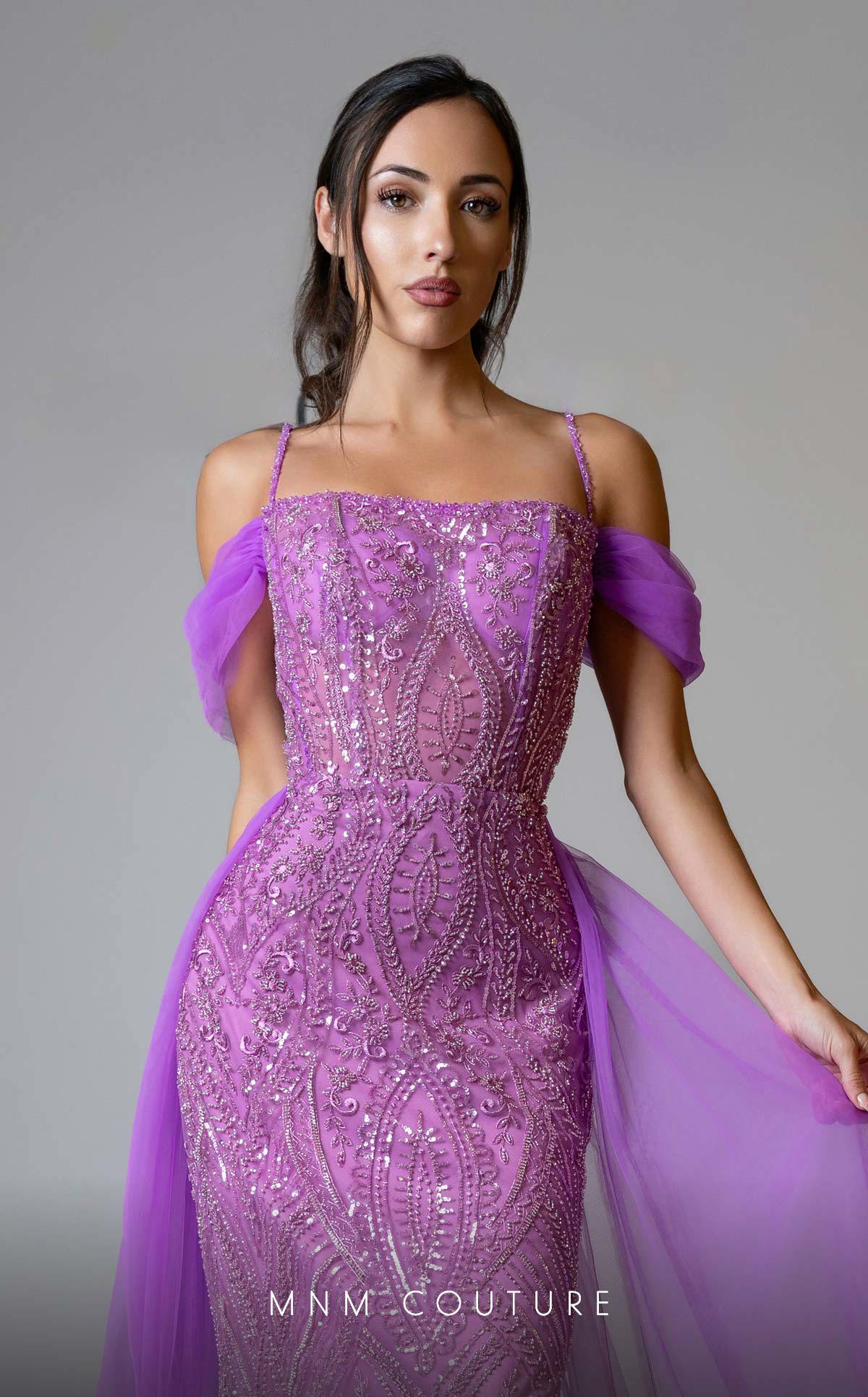 MNM Couture M1047 Embroidered Purple Tulle Gown with Off-Shoulder Sleeves