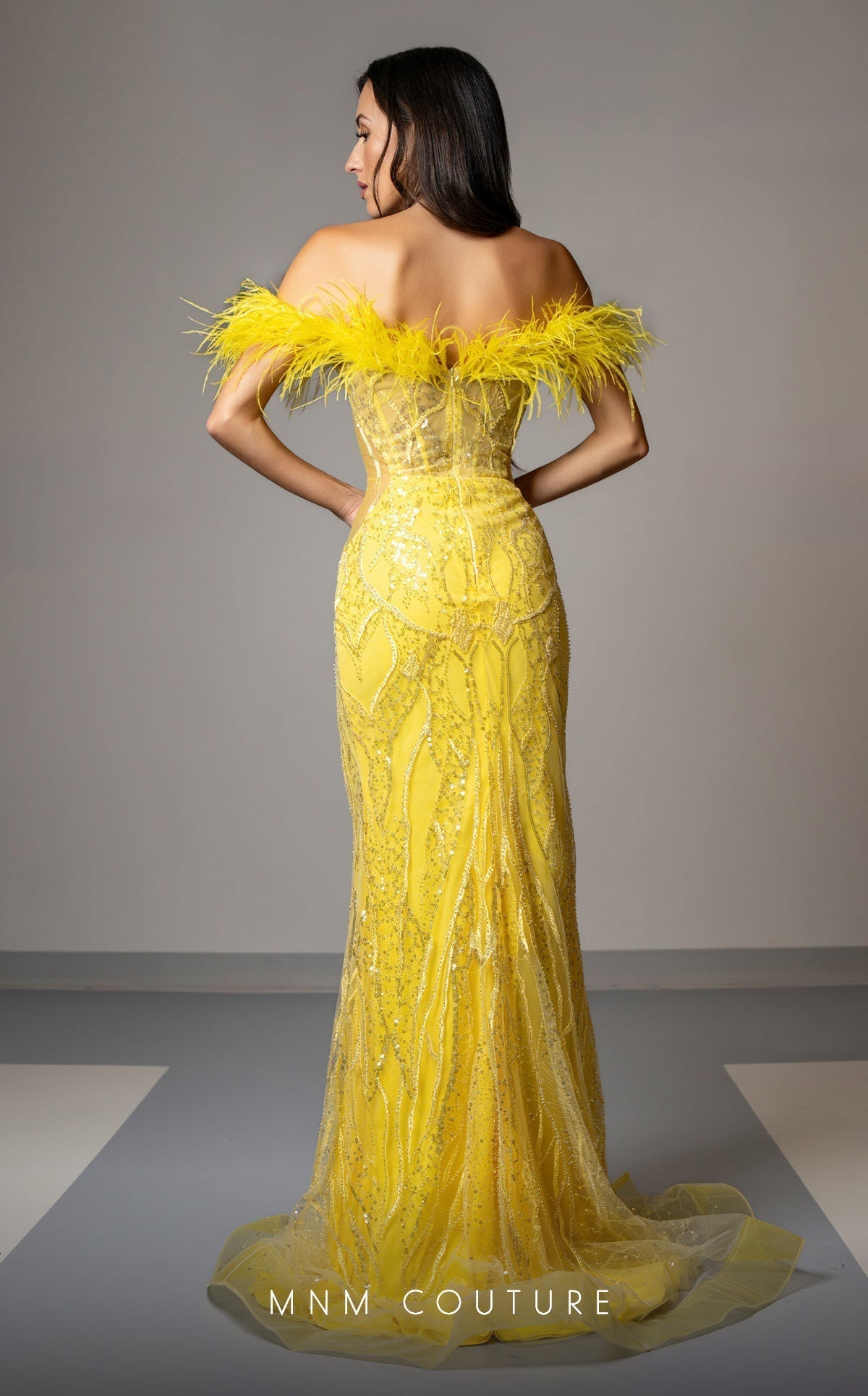 MNM Couture M1048 Yellow Embroidered Mesh Gown with Feather Accents