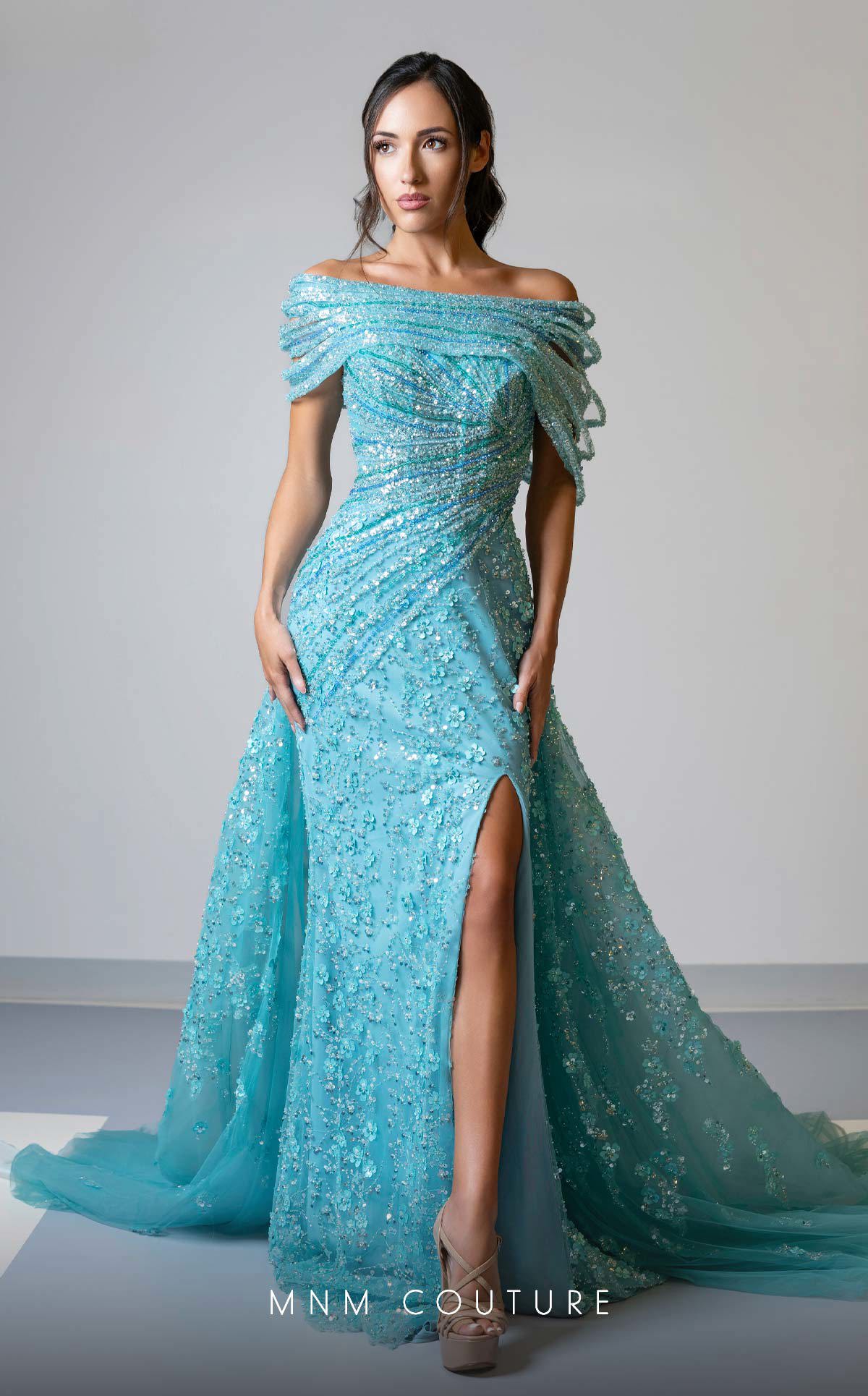 MNM Couture M1150 Aqua Embroidered Mermaid Gown with Removable Train