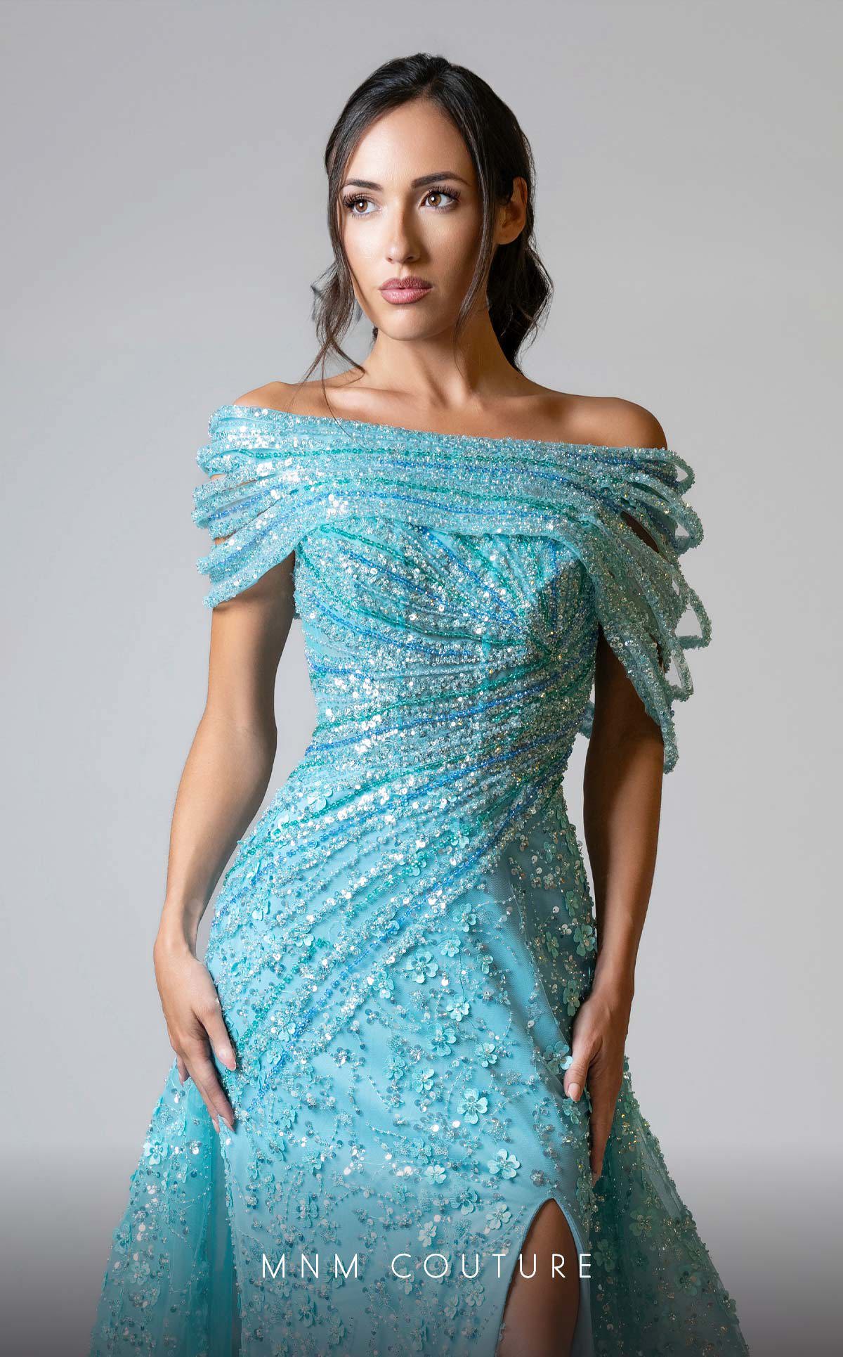 MNM Couture M1150 Aqua Embroidered Mermaid Gown with Removable Train