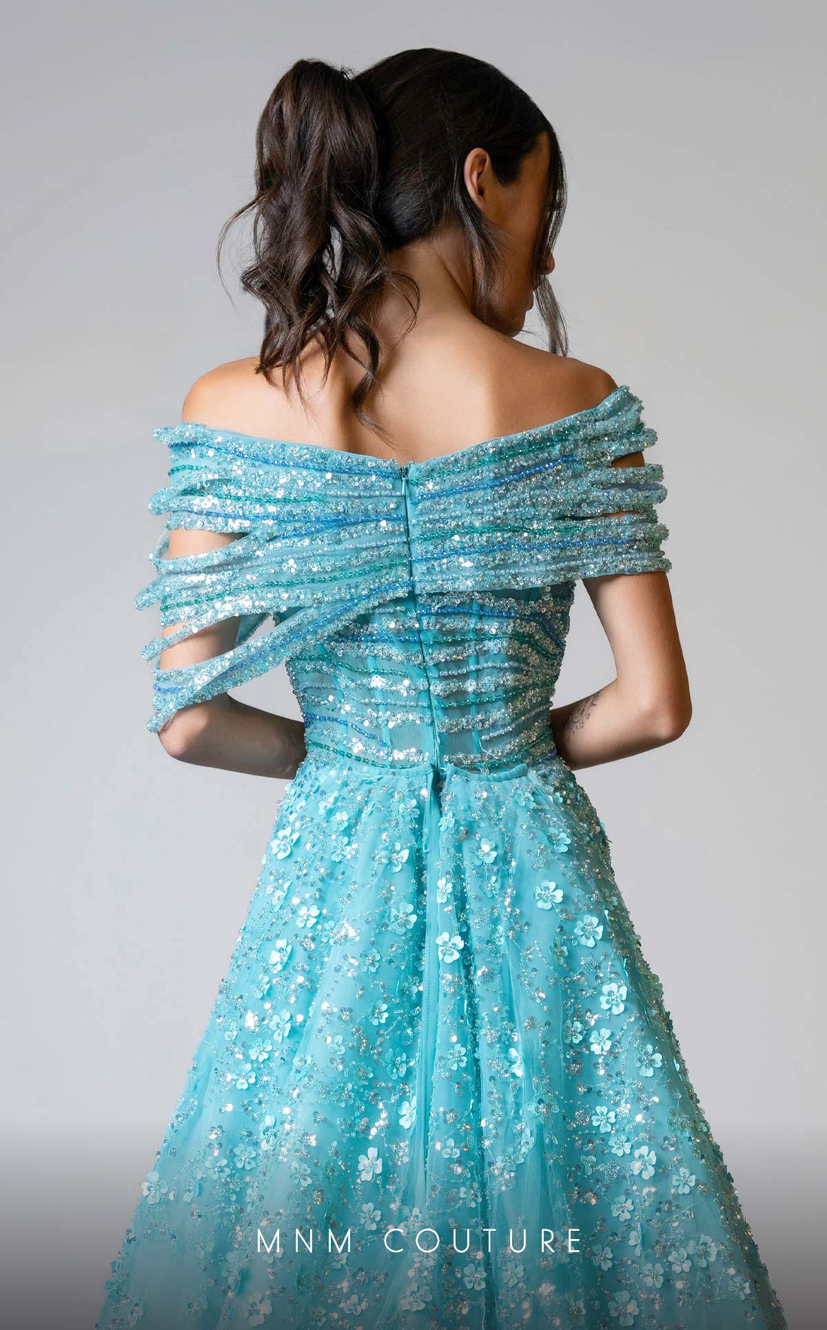 MNM Couture M1150 Aqua Embroidered Mermaid Gown with Removable Train
