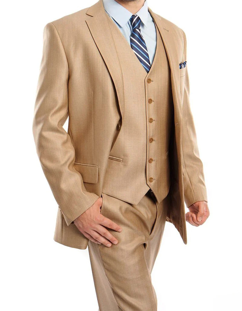 Wheat 3 Piece Modern Fit Suit with V-Neck Vest