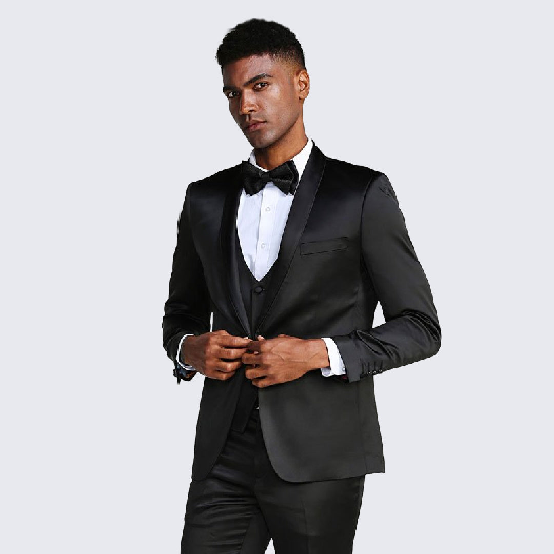 Black Slim Fit Satin Tuxedo – Four Piece Set